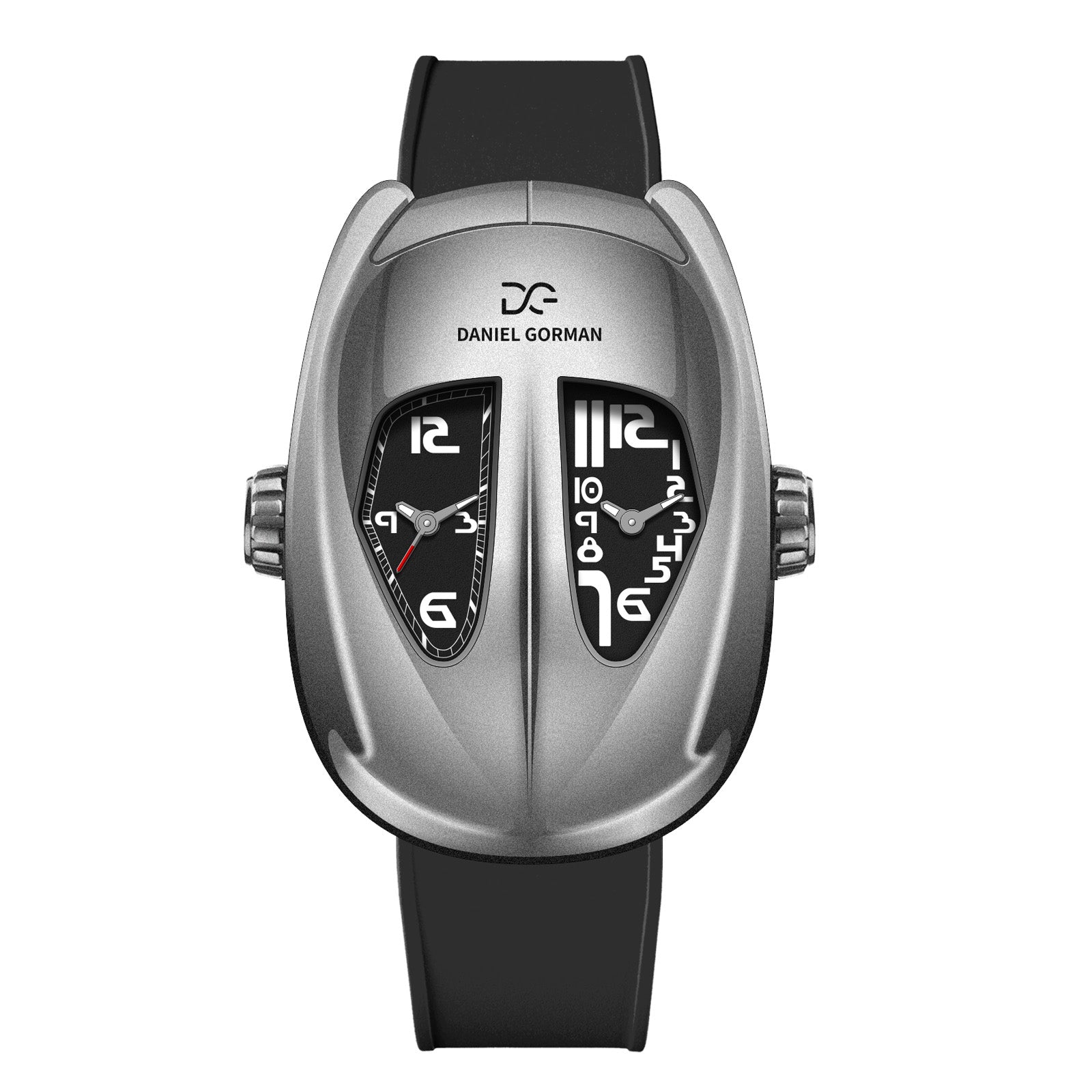 Daniel Gorman After Work 001 dual time quartz watch featuring a black dial, silver case and black strap, front view.