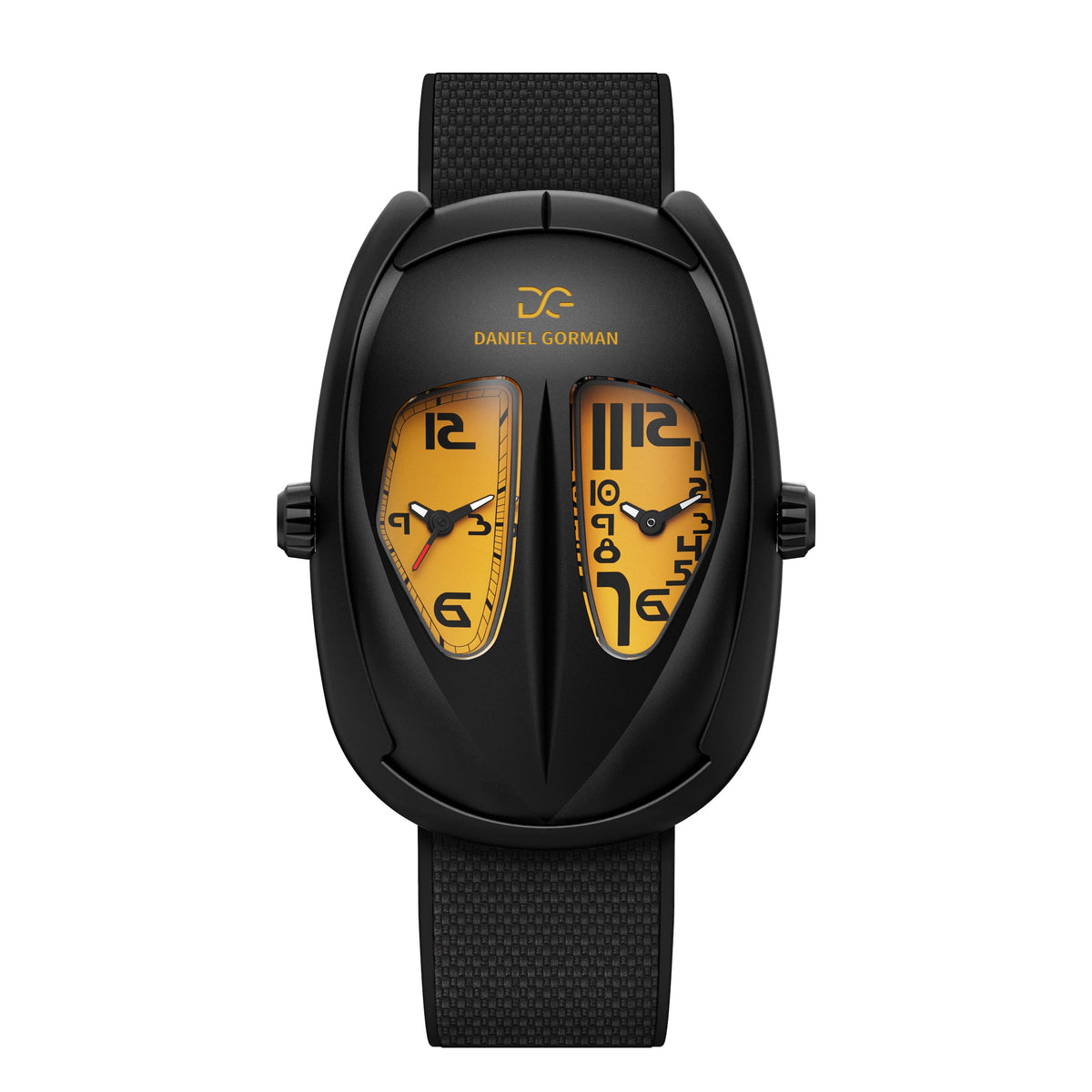Daniel Gorman After Work 005 dual time quartz watch featuring a yellow dial, black case and black strap, front view.