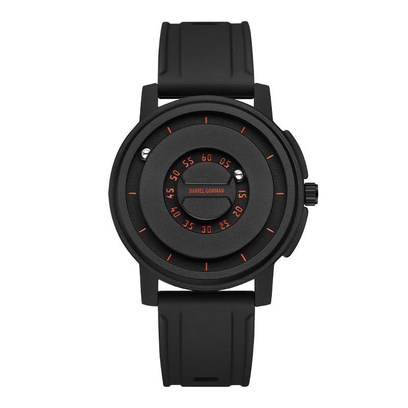 Daniel Gorman Dual Sphere Magnetic Open Dial watch front view featuring a futuristic dual sphere design and open dial structure.