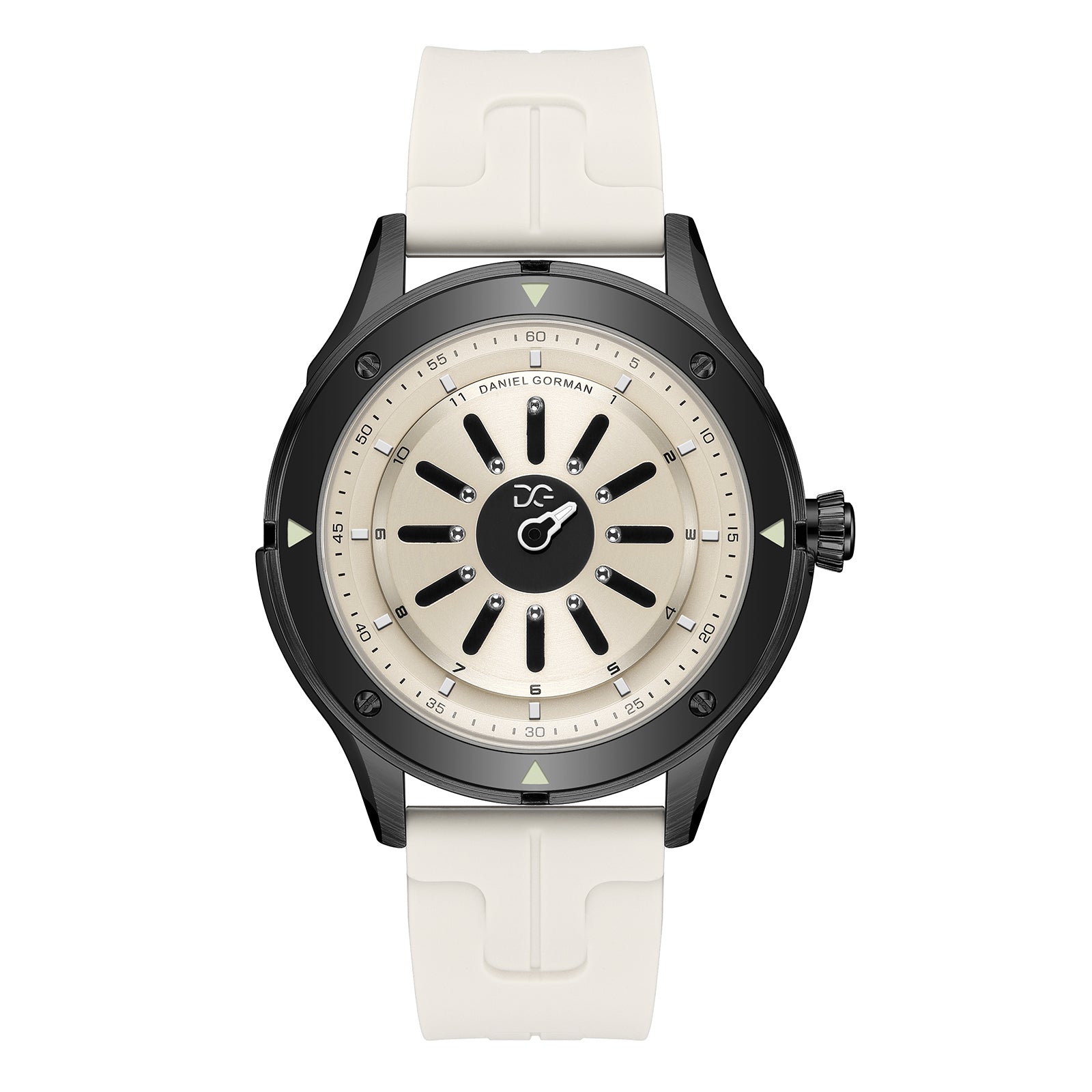 Daniel Gorman radial magnetic steel ball watch front view featuring an innovative time display using a steel ball as the hour indicator.