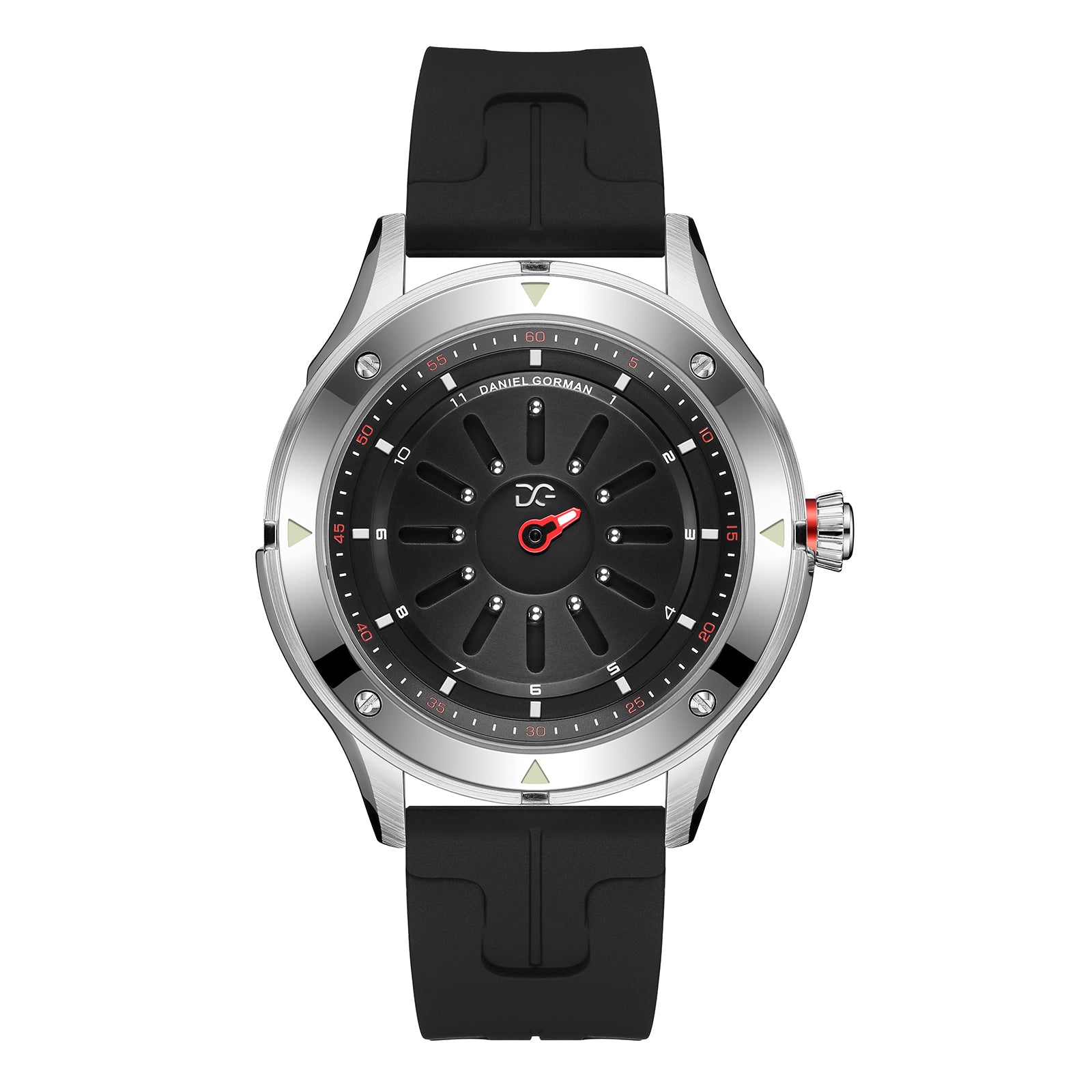 Daniel Gorman radial magnetic steel ball watch front view featuring an innovative time display using a steel ball as the hour indicator.