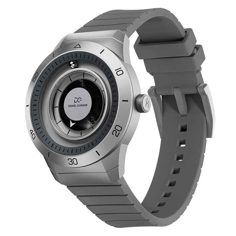 Side profile of Daniel Gorman Galaxy Quartz Gravity watch highlighting modern case design and futuristic industrial aesthetic.