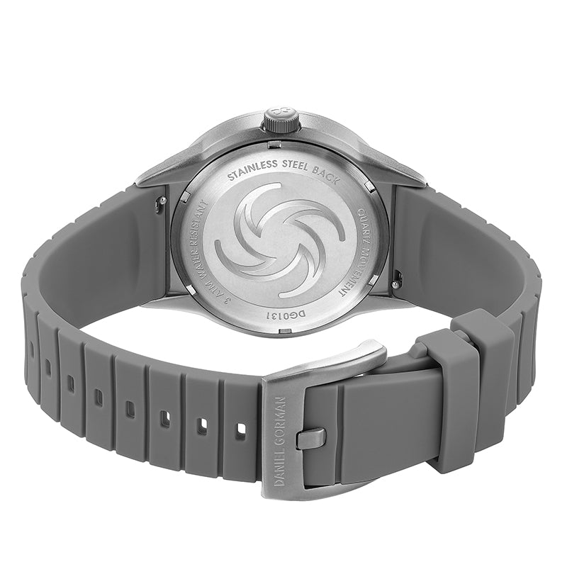 Case back view of Daniel Gorman Galaxy Quartz Gravity watch showcasing precision craftsmanship and structural detailing.