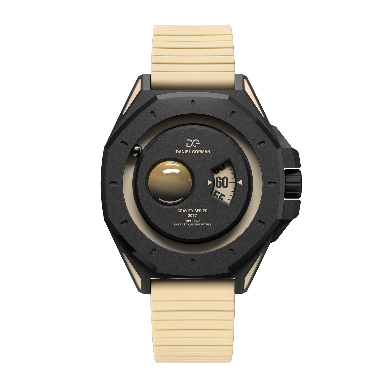 Daniel Gorman Saturn yellow retro-futuristic watch front view featuring sci-fi inspired design and precision craftsmanship.