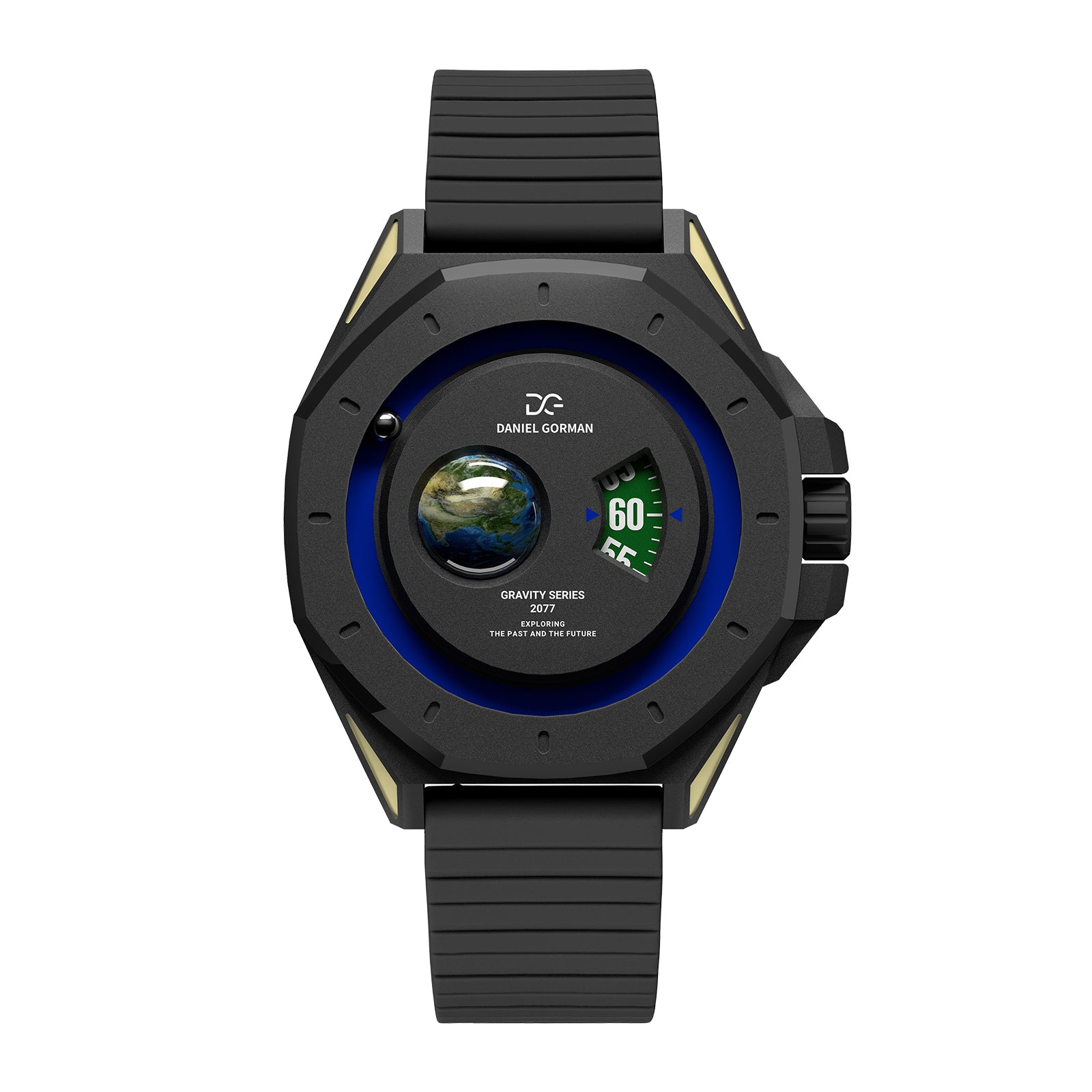 Daniel Gorman earth black retro-futuristic watch front view featuring sci-fi inspired design and precision craftsmanship.
