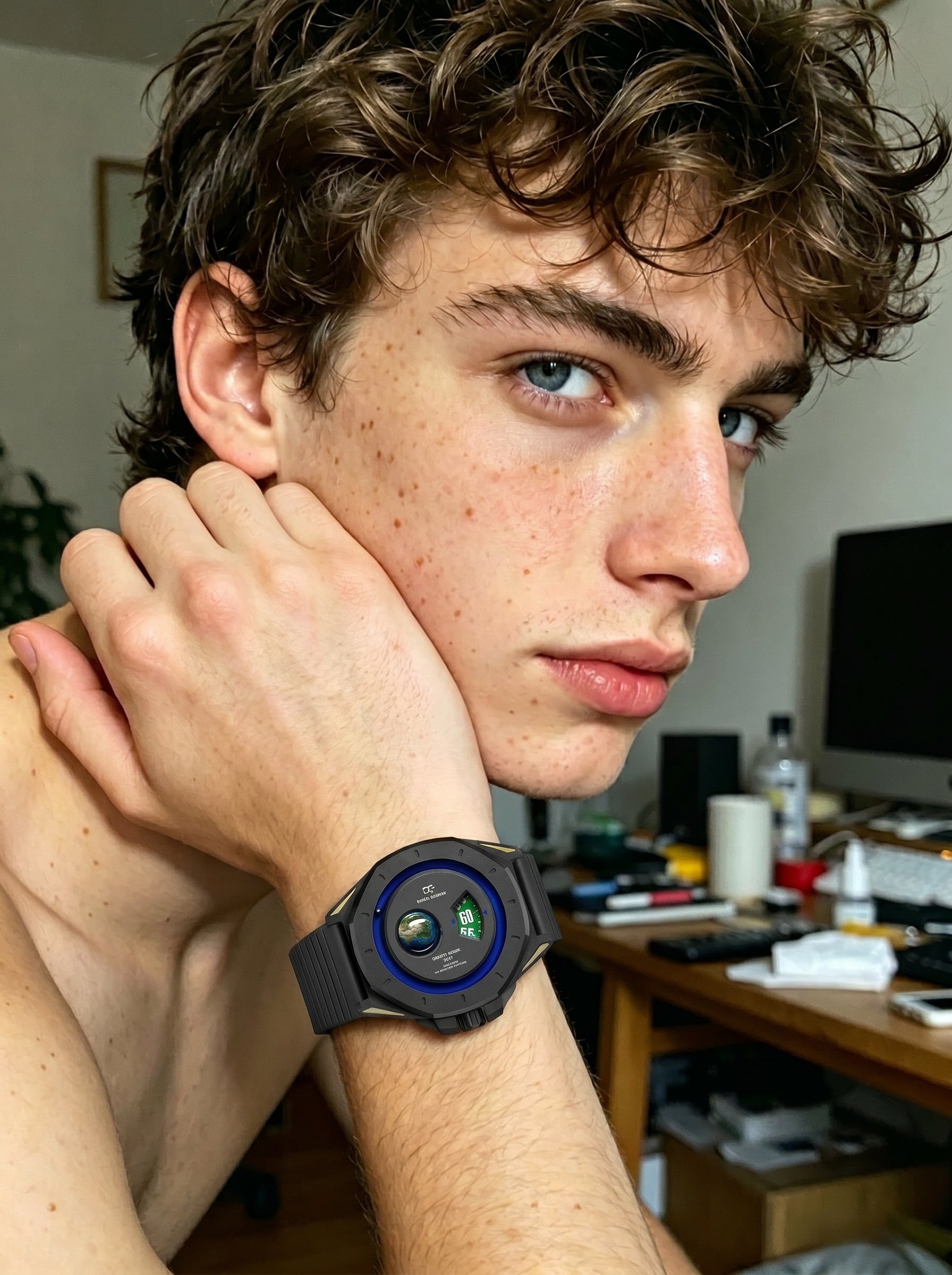 Daniel Gorman Earth black-blue watch worn on wrist, highlighting bold retro-futuristic style in everyday wear.
