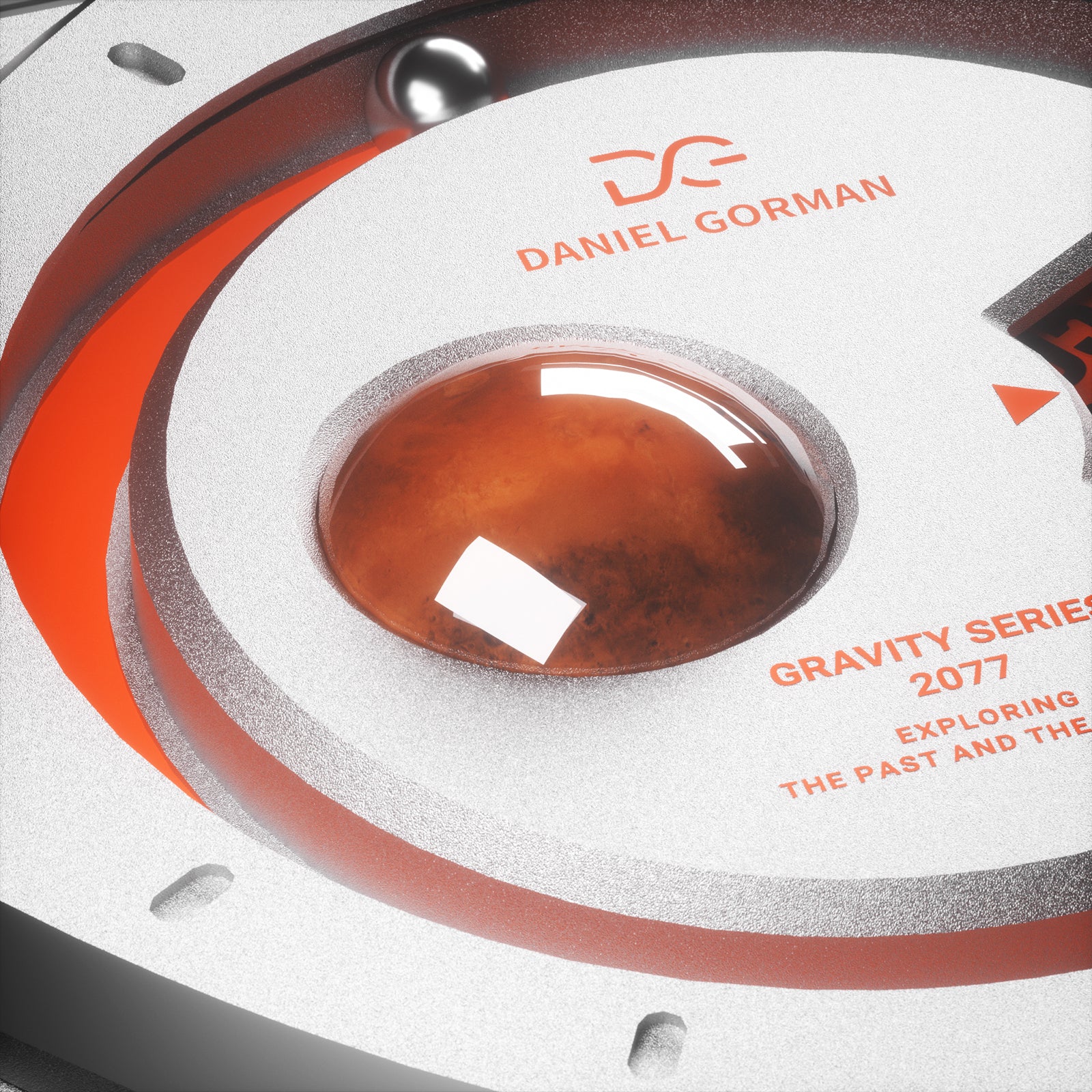 Daniel Gorman Mars red retro-futuristic watch front view featuring sci-fi inspired design and precision craftsmanship.