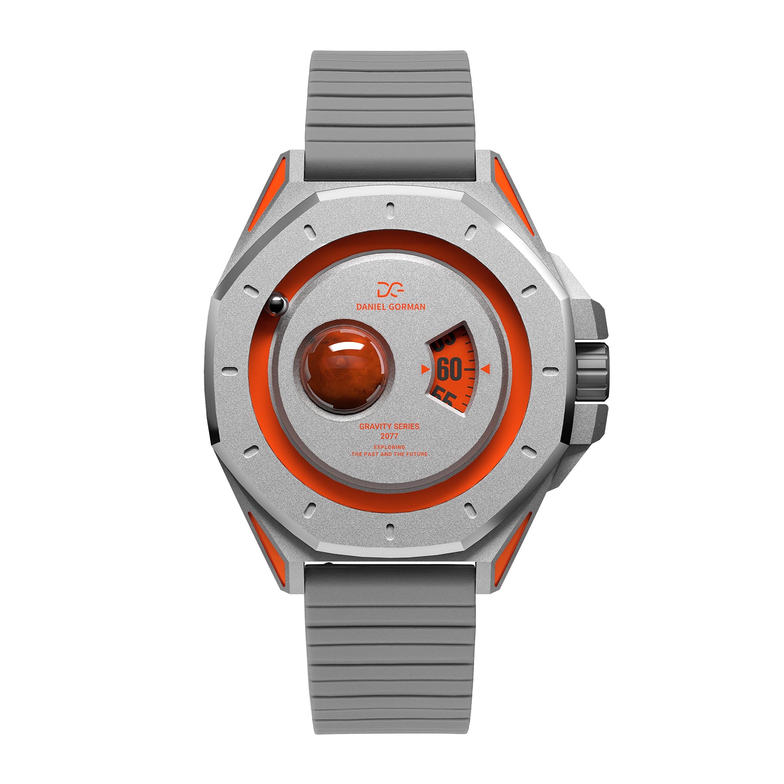 Daniel Gorman Mars red retro-futuristic watch front view featuring sci-fi inspired design and precision craftsmanship.