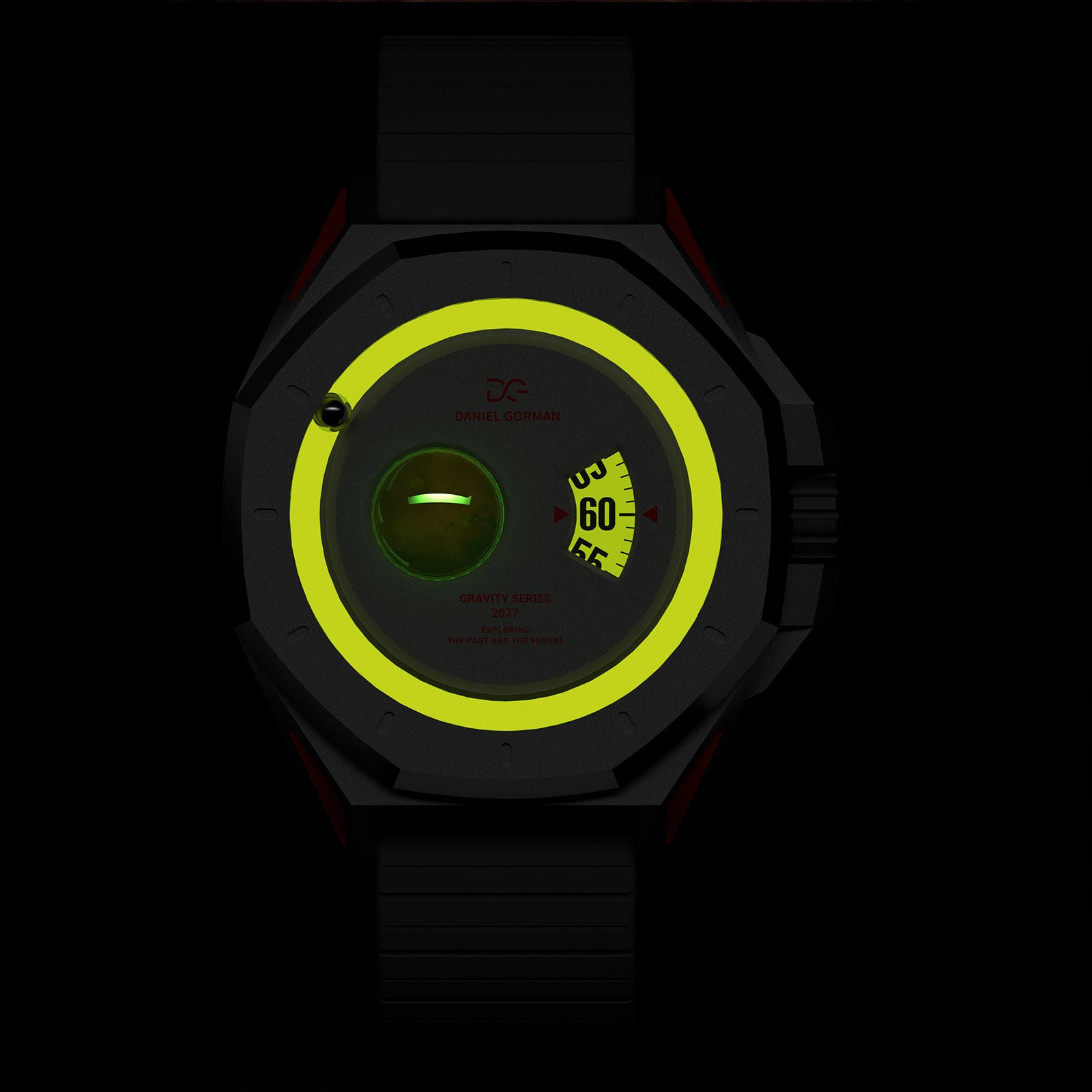 Daniel Gorman Mars red watch glowing in the dark, highlighting luminous hands and futuristic space-inspired functionality.