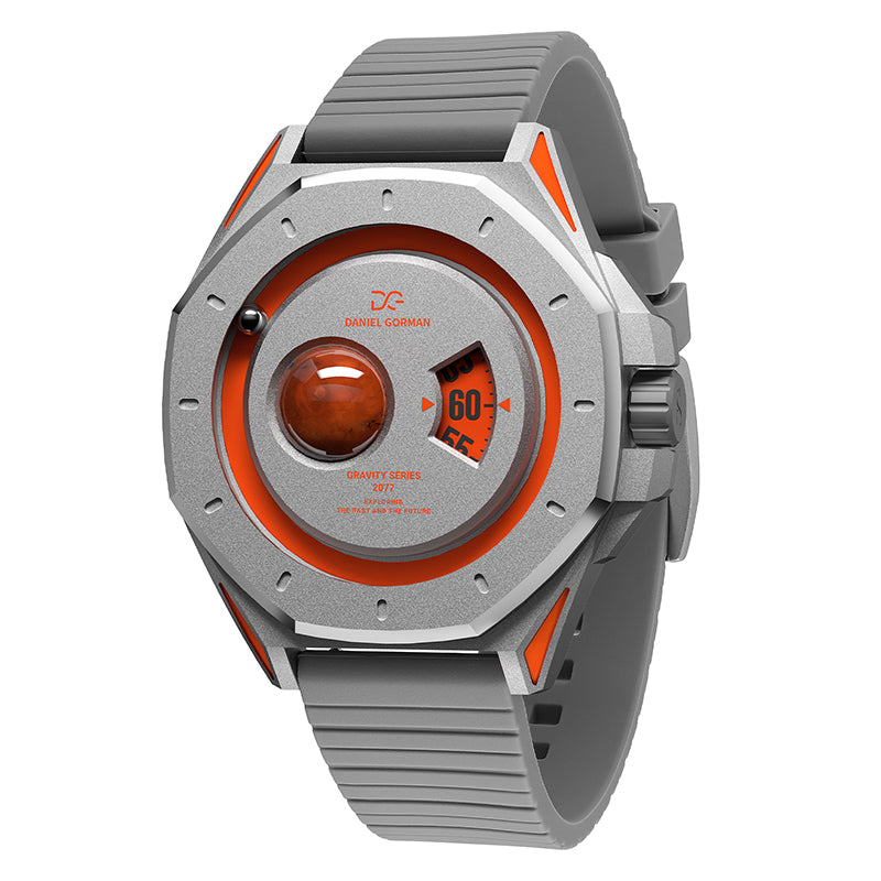 Daniel Gorman Mars red retro-futuristic watch front view featuring sci-fi inspired design and precision craftsmanship.
