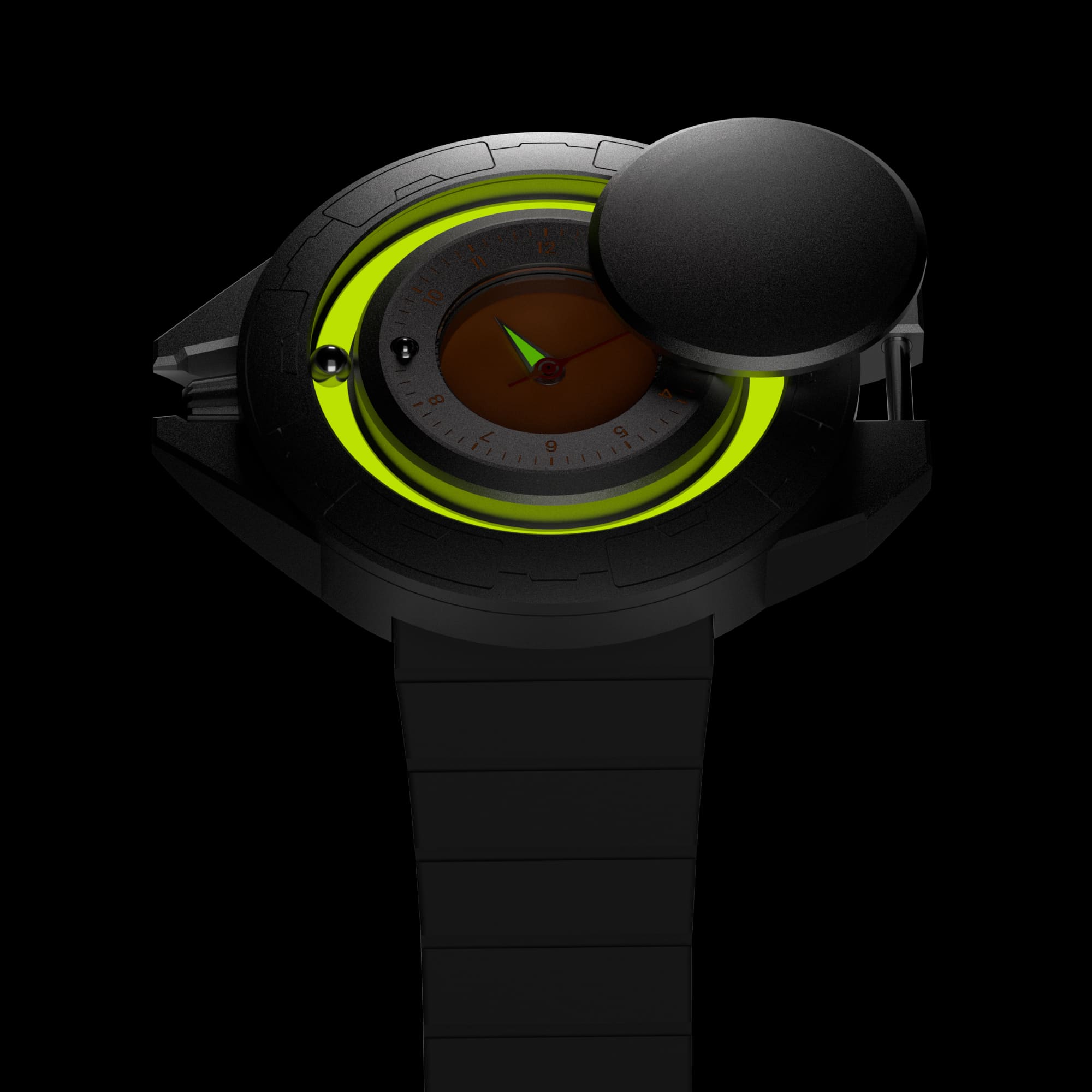 Daniel Gorman Explorer Airship Quartz Gravity 2077 watch in open state, glowing in the dark with luminous dial and showcasing its 360° sliding case design.