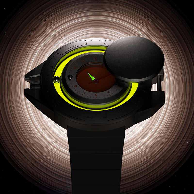 Daniel Gorman Explorer Airship Quartz Gravity 2077 watch in open state, glowing in the dark with luminous dial and showcasing its 360° sliding case design.