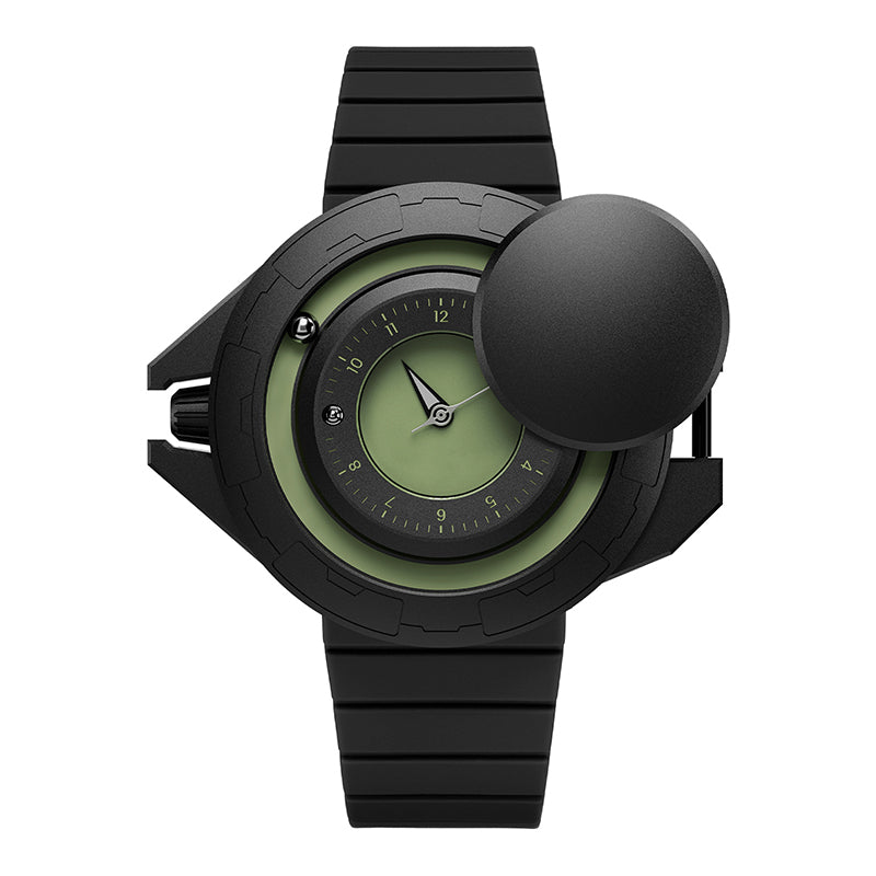 Daniel Gorman Explorer Airship Quartz Gravity 2077 watch in open state, revealing its 360° sliding case mechanism and futuristic exposed dial design.
