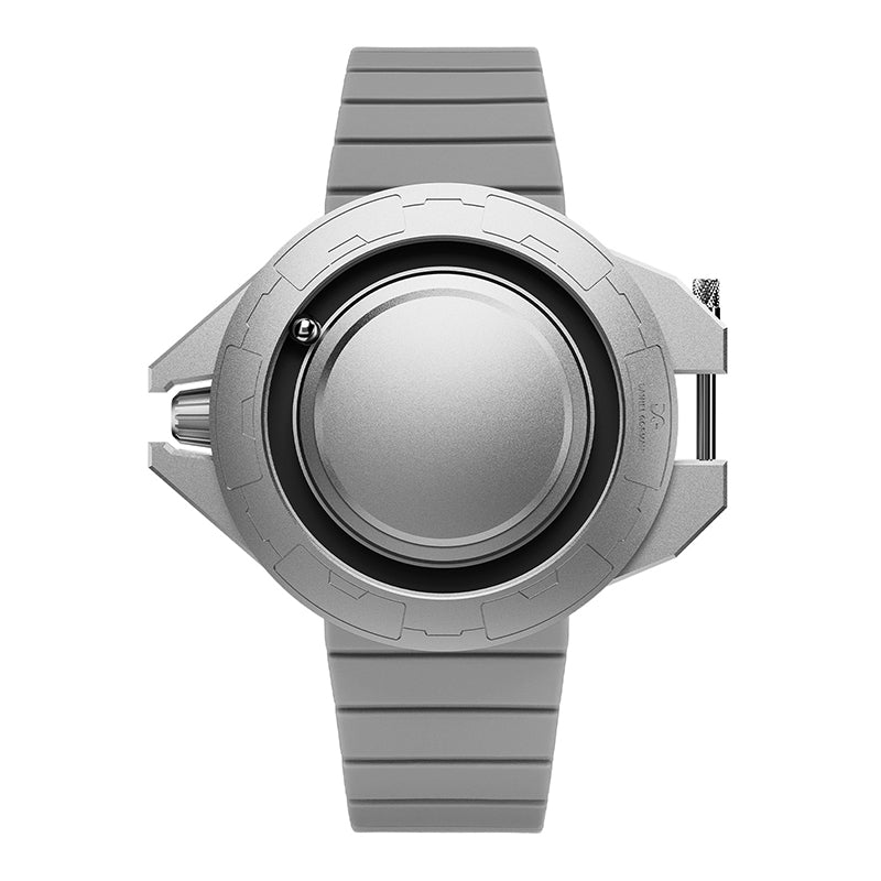 Daniel Gorman Explorer Airship Quartz Gravity 2077 watch in closed state, featuring a 360° sliding case design with futuristic industrial aesthetics.