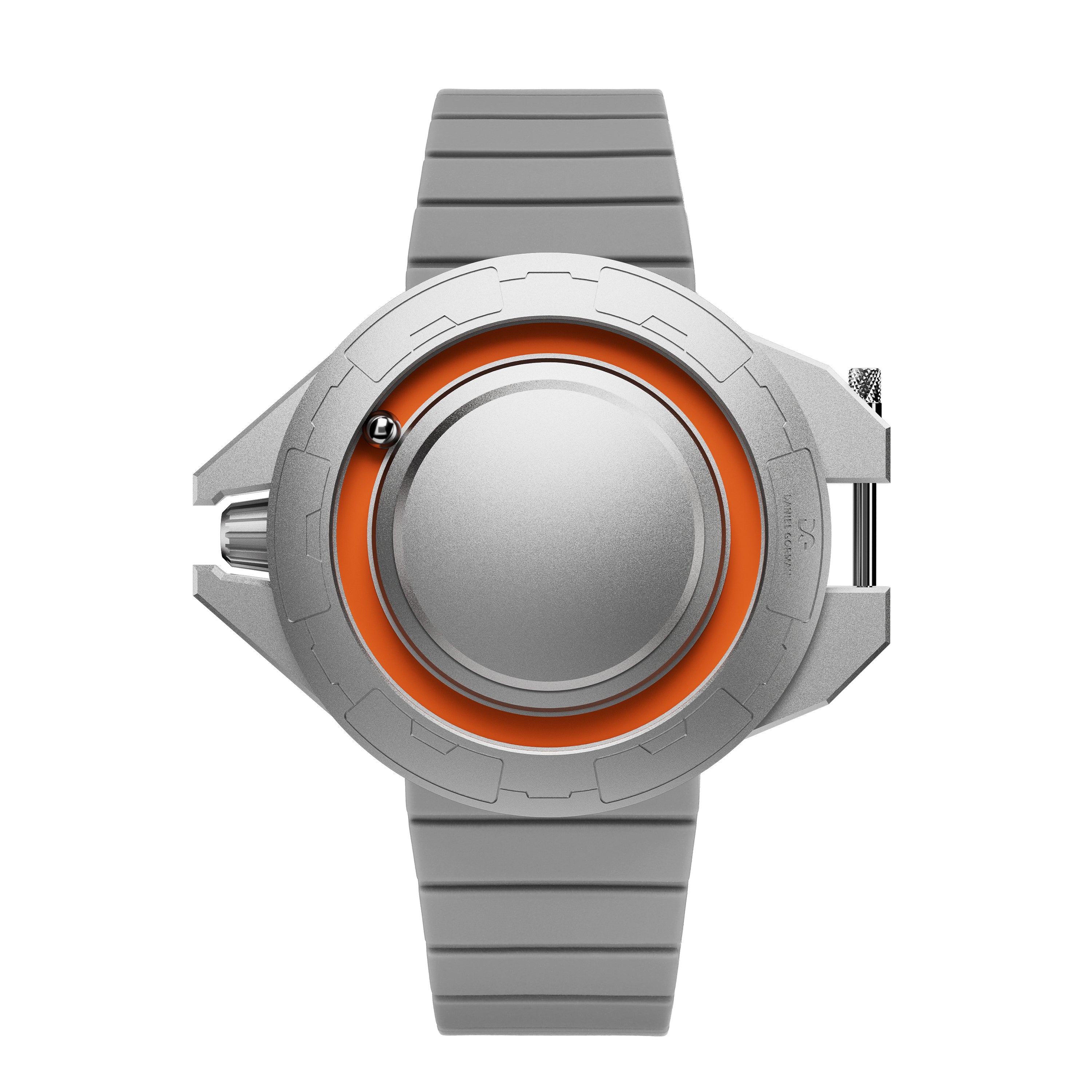 Daniel Gorman Explorer Airship Quartz Gravity 2077 watch in closed state, featuring a 360° sliding case design with futuristic industrial aesthetics.