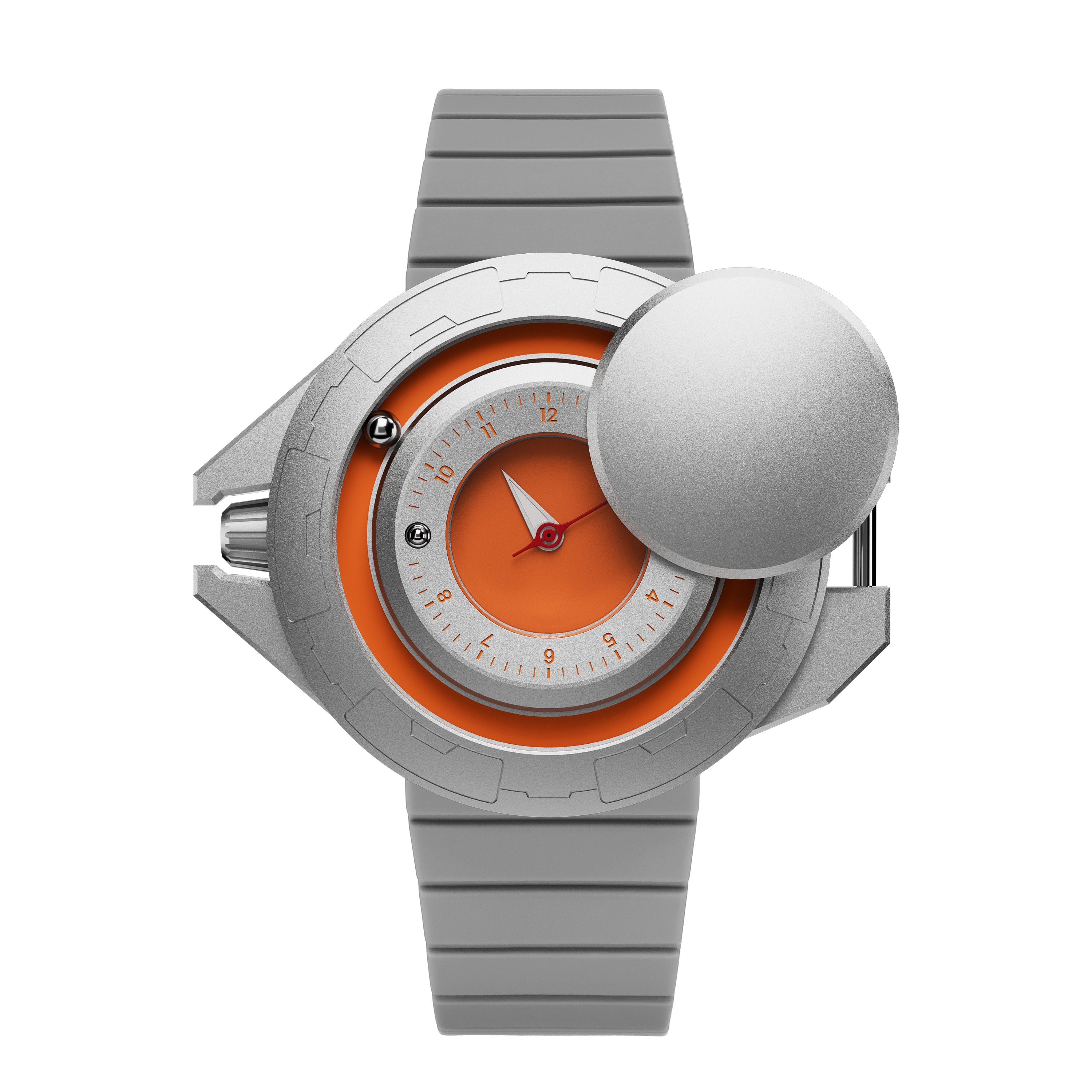 Daniel Gorman Explorer Airship Quartz Gravity 2077 watch in open state, revealing its 360° sliding case mechanism and futuristic exposed dial design.