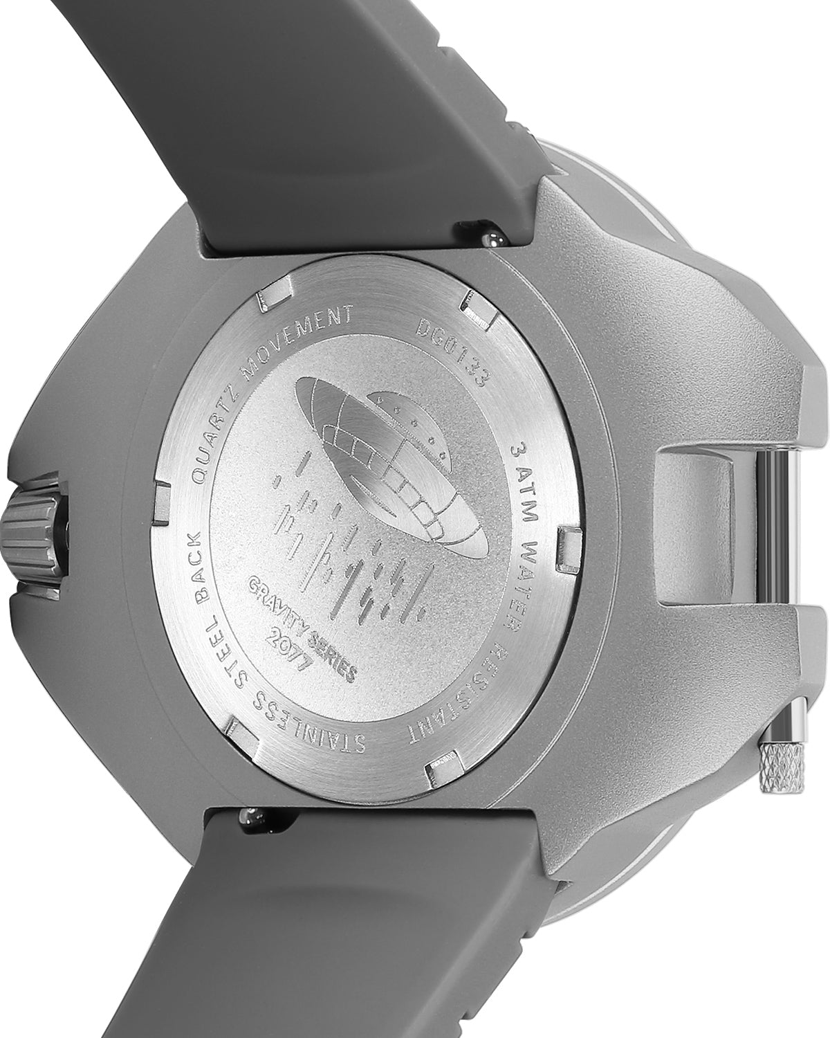 Case back view of Daniel Gorman Explorer Airship Quartz Gravity watch showcasing precision craftsmanship and structural engineering details.