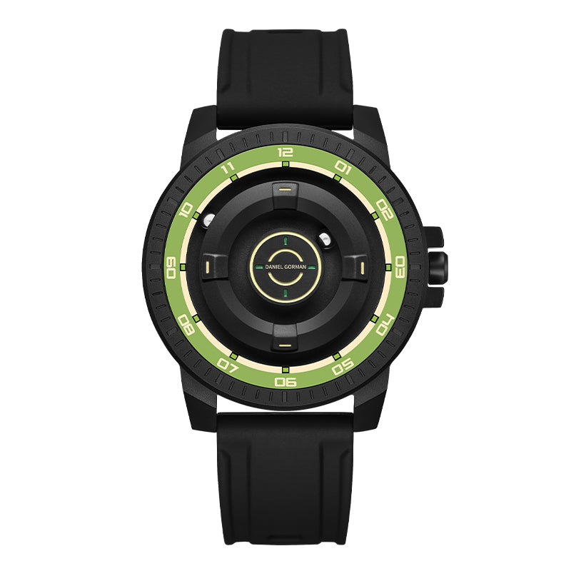 Daniel Gorman Dual Sphere Magnetic Open Dial watch front view featuring a futuristic dual sphere design and open dial structure.