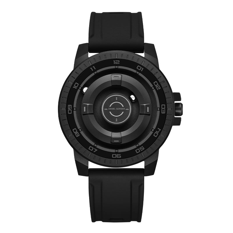 Daniel Gorman Dual Sphere Magnetic Open Dial watch front view featuring a futuristic dual sphere design and open dial structure.