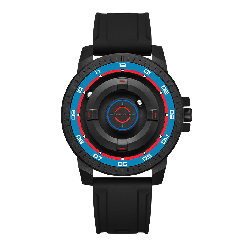 Daniel Gorman Dual Sphere Magnetic Open Dial watch front view featuring a futuristic dual sphere design and open dial structure.