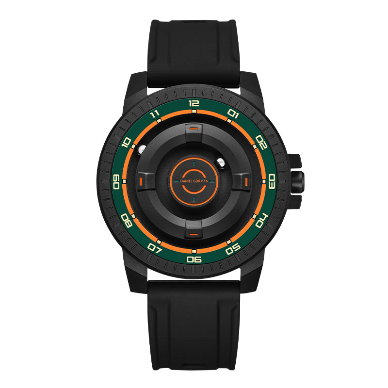 Daniel Gorman Dual Sphere Magnetic Open Dial watch front view featuring a futuristic dual sphere design and open dial structure.
