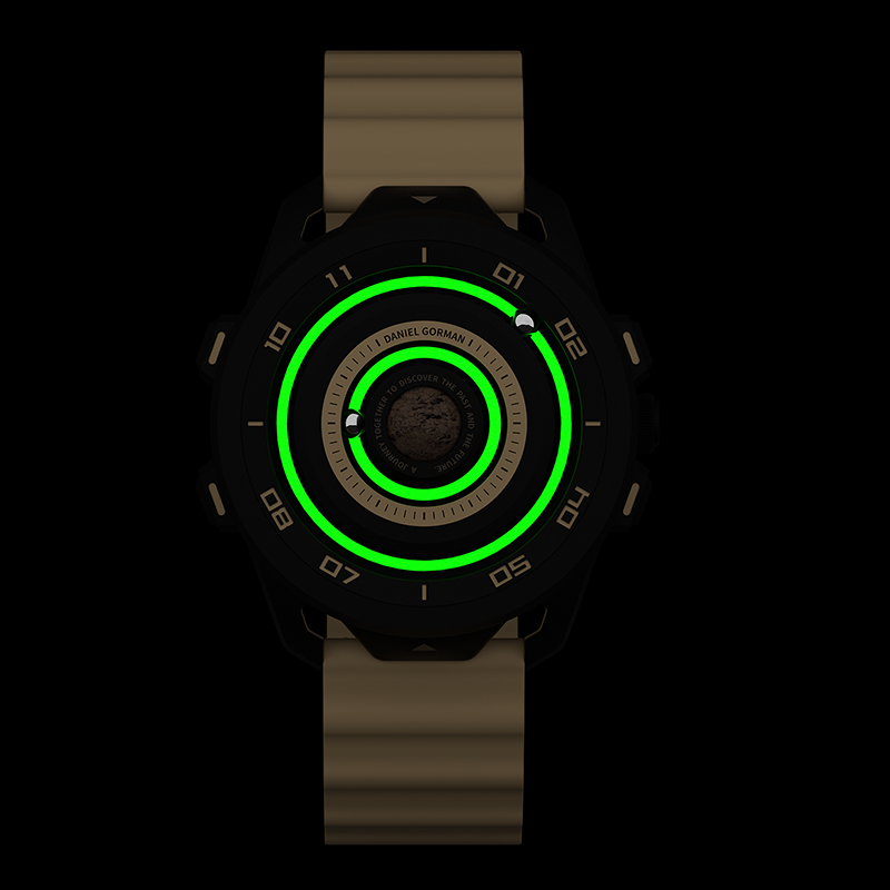 Daniel Gorman Planet Series Quartz Gravity watch glowing in the dark, featuring orbital lume effect and futuristic luminous display.