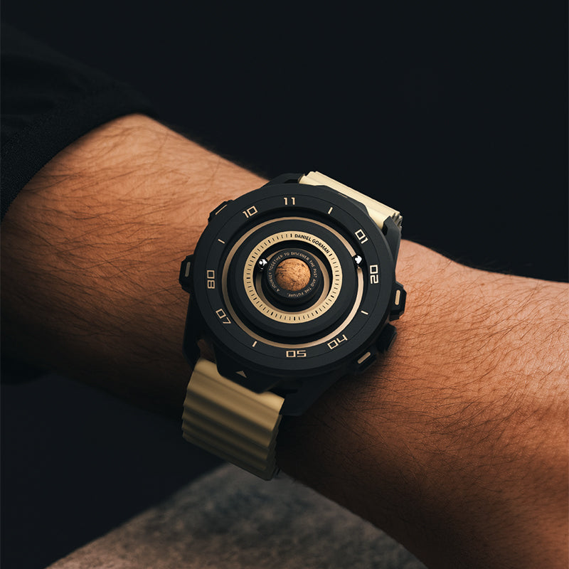 Daniel Gorman Planet Series Quartz Gravity watch worn on wrist, showcasing its orbital lume design in everyday lifestyle use.
