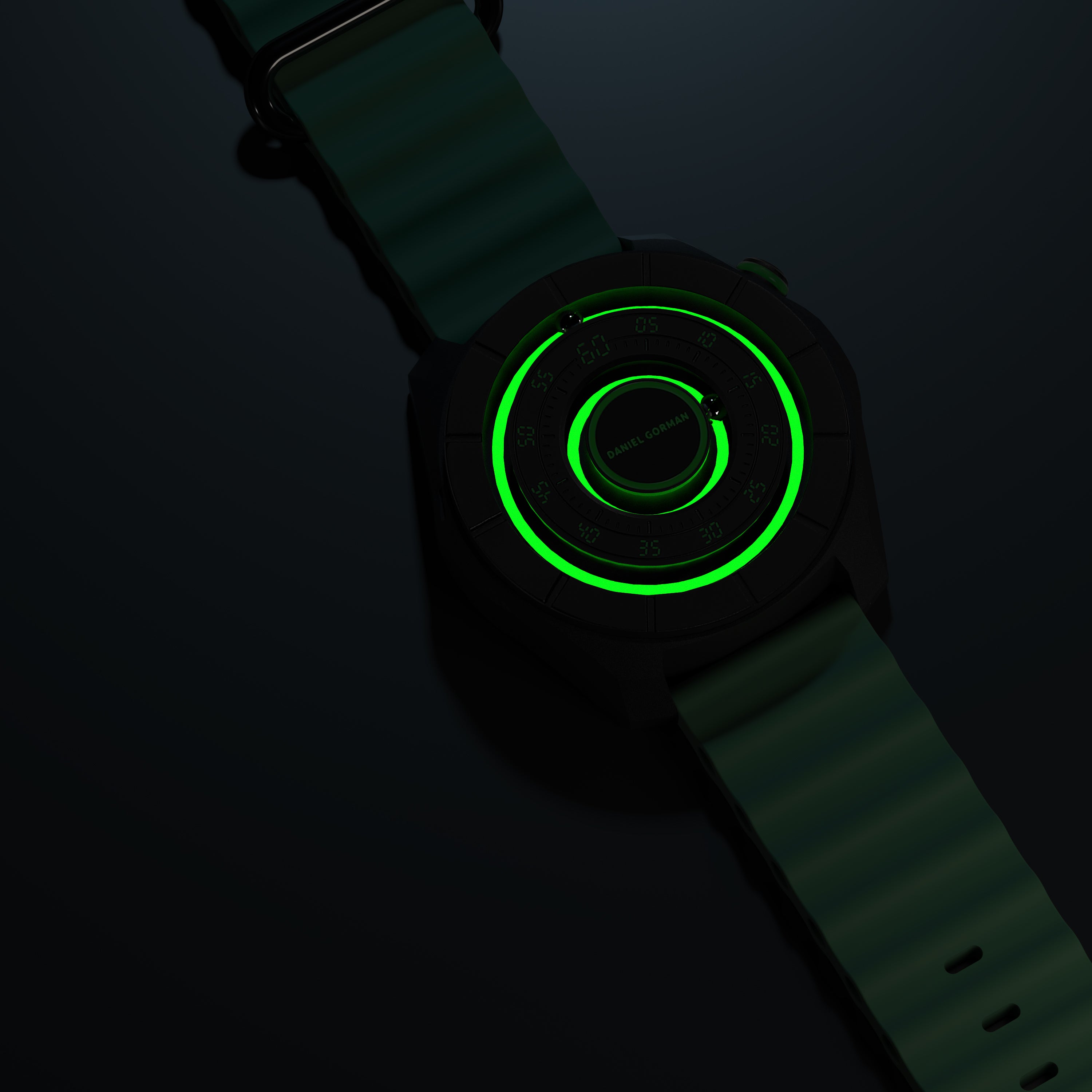 Daniel Gorman dual sphere magnetic watch with open dial glowing in the dark, showcasing luminous elements and a futuristic design.