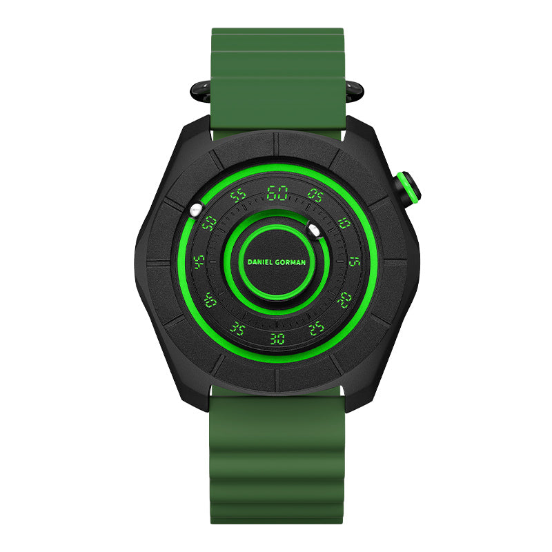 Daniel Gorman dual sphere magnetic watch with open dial design, featuring a futuristic aesthetic and available in multiple color variations.