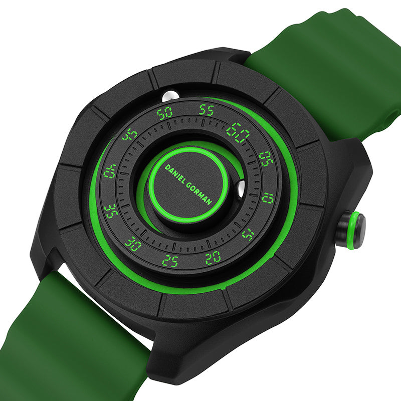 Daniel Gorman dual sphere magnetic watch with open dial design, featuring a futuristic aesthetic and available in multiple color variations.