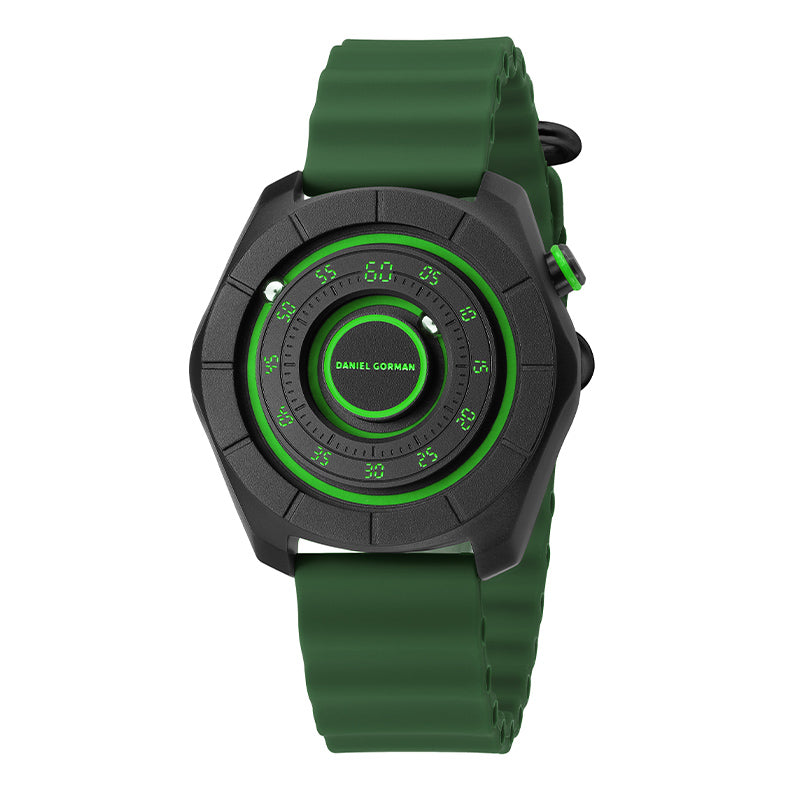 Daniel Gorman dual sphere magnetic watch with open dial design, featuring a futuristic aesthetic and available in multiple color variations.