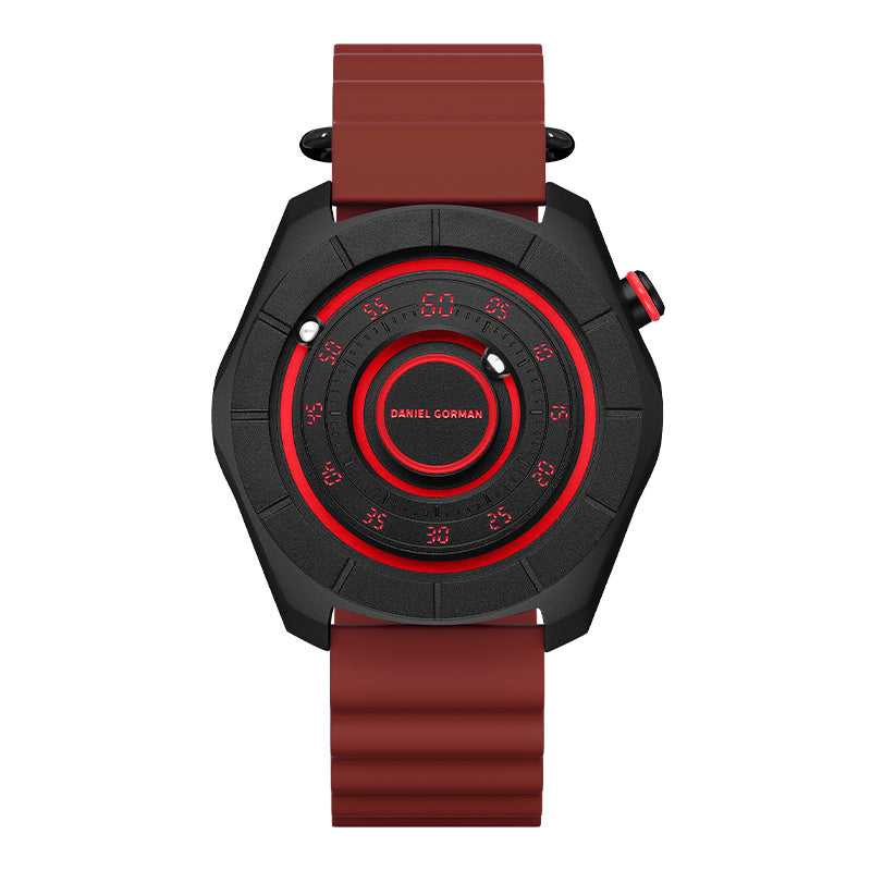 Daniel Gorman dual sphere magnetic watch with open dial design, featuring a futuristic aesthetic and available in multiple color variations.