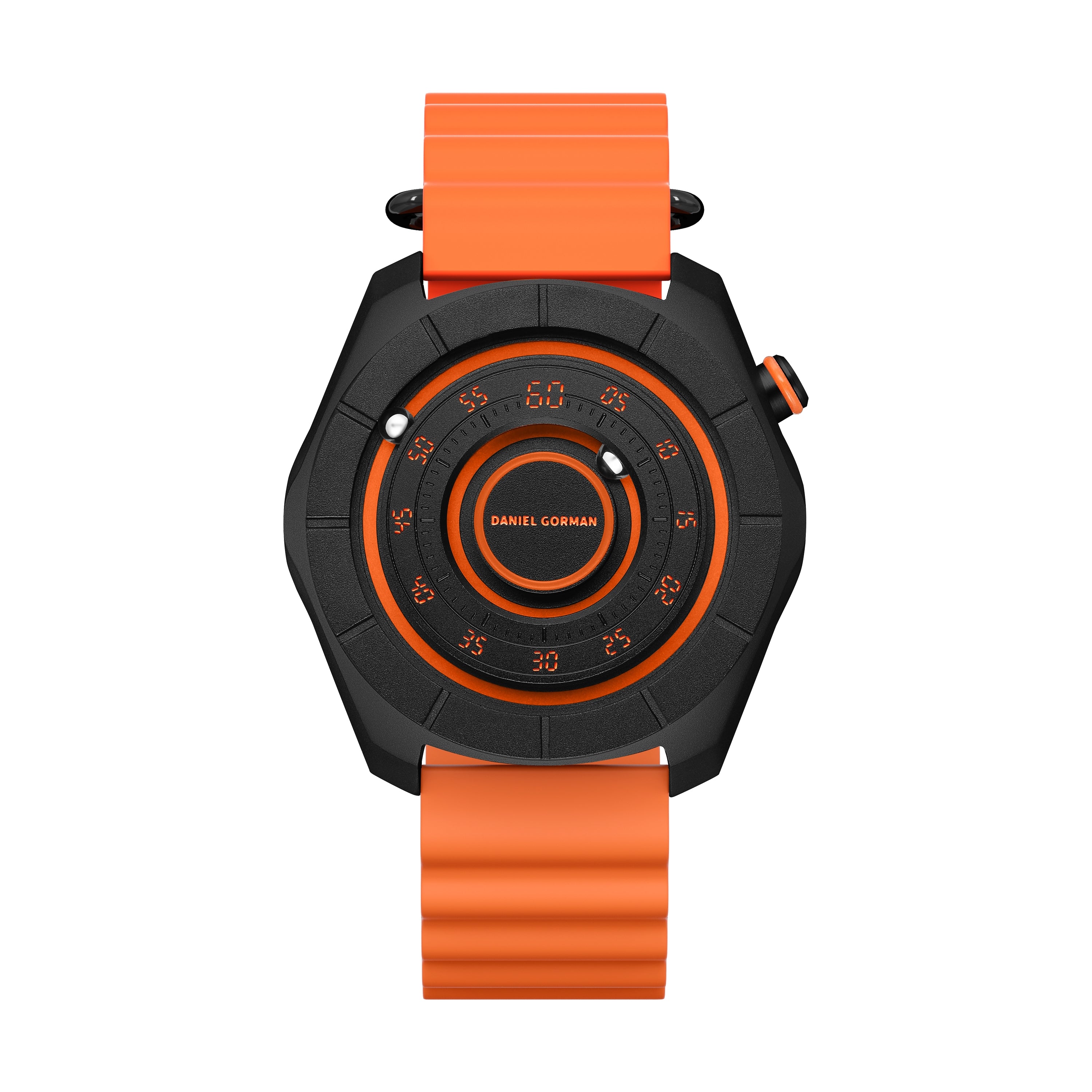 Daniel Gorman dual sphere magnetic watch with open dial design, featuring a futuristic aesthetic and available in multiple color variations.