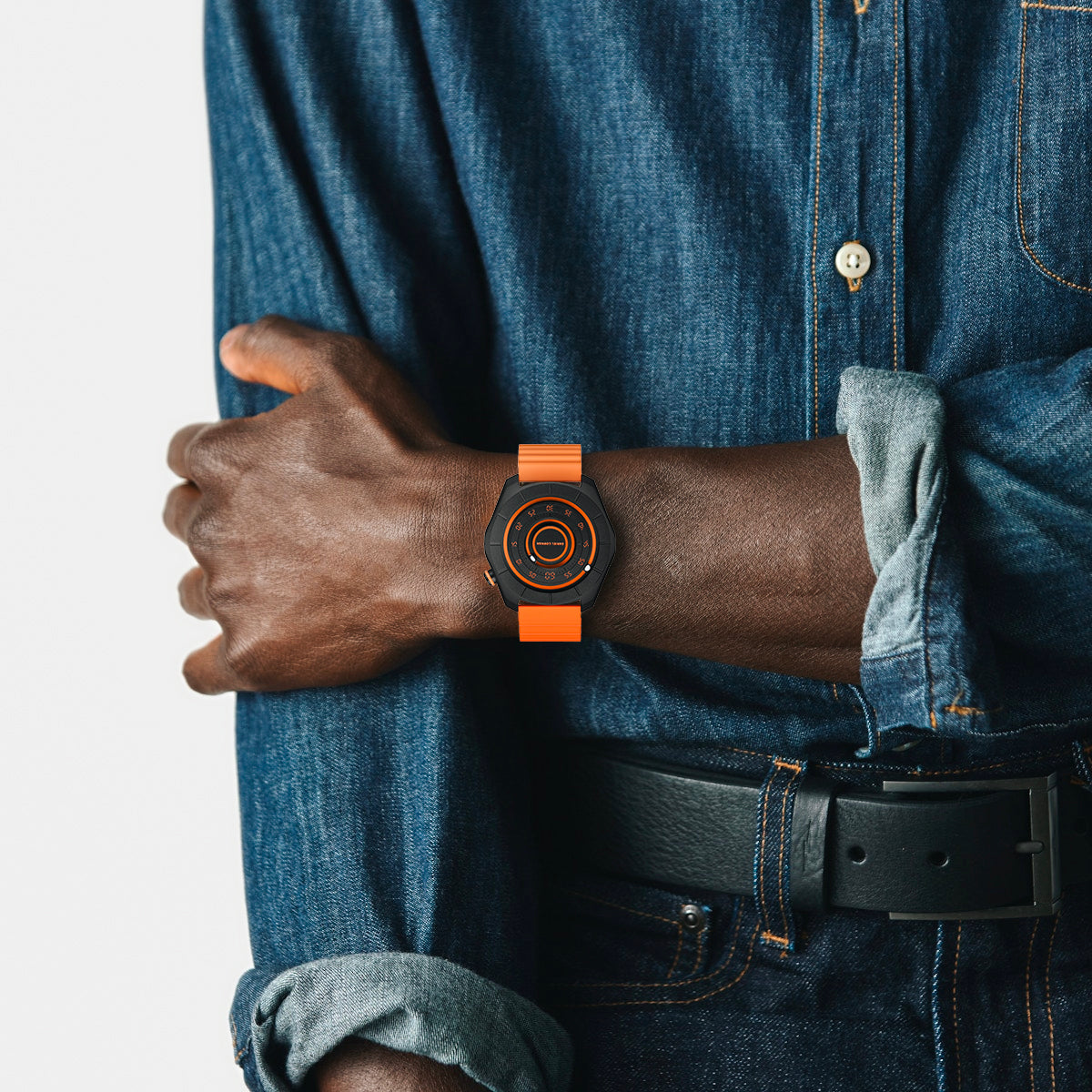 Daniel Gorman dual sphere magnetic open dial watch worn on wrist, showcasing a futuristic design with bold visual presence in everyday wear.