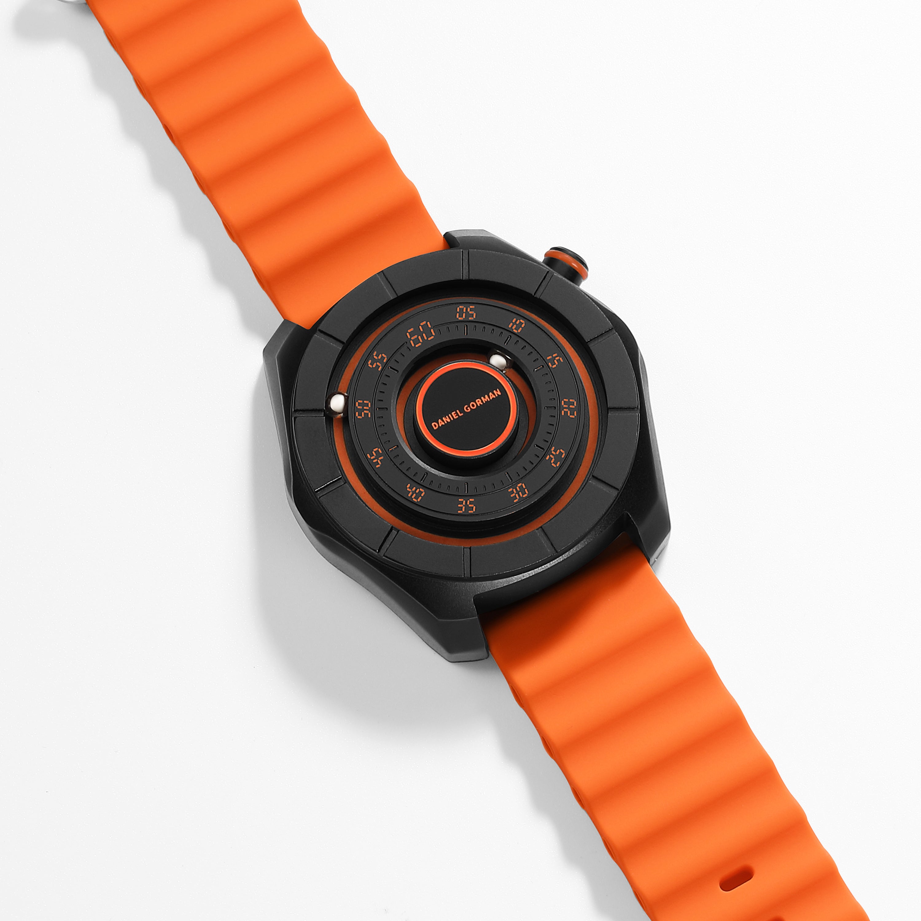 Daniel Gorman dual sphere magnetic watch with open dial design, featuring a futuristic aesthetic and available in multiple color variations.