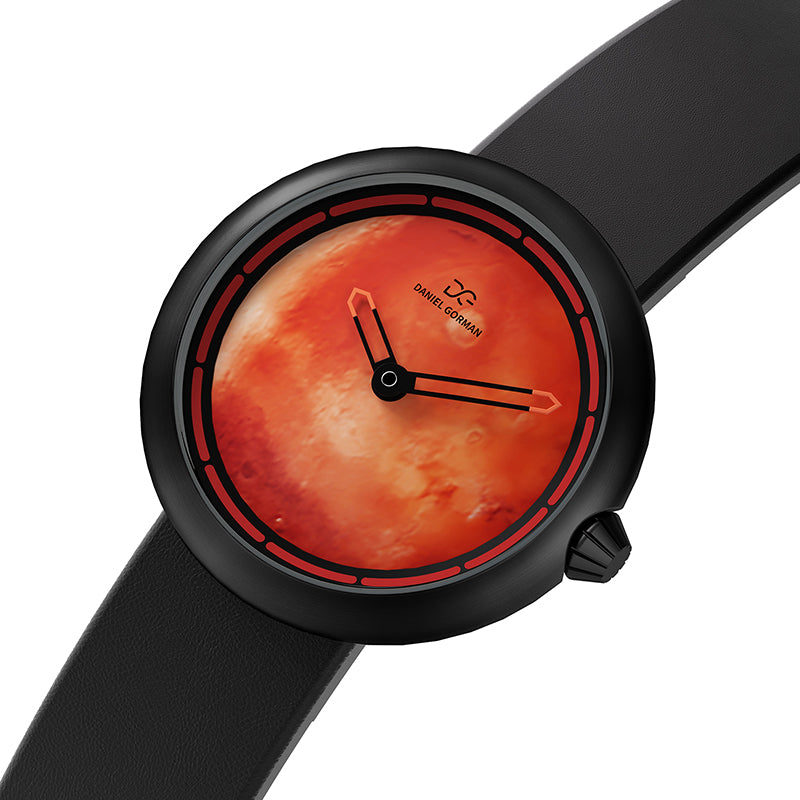 Daniel Gorman Mars red retro-futuristic cow leather strap watch front view featuring sci-fi inspired design and precision craftsmanship.