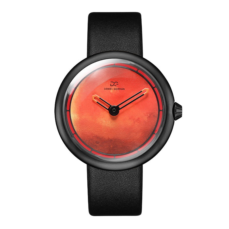 Daniel Gorman Mars red retro-futuristic cow leather strap watch front view featuring sci-fi inspired design and precision craftsmanship.