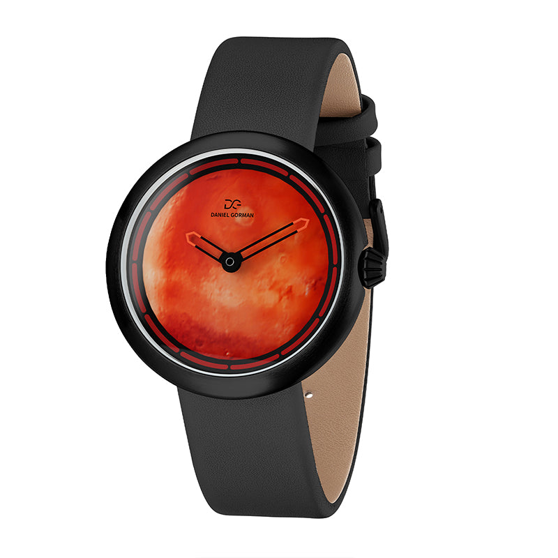 Daniel Gorman Mars red retro-futuristic cow leather strap watch front view featuring sci-fi inspired design and precision craftsmanship.