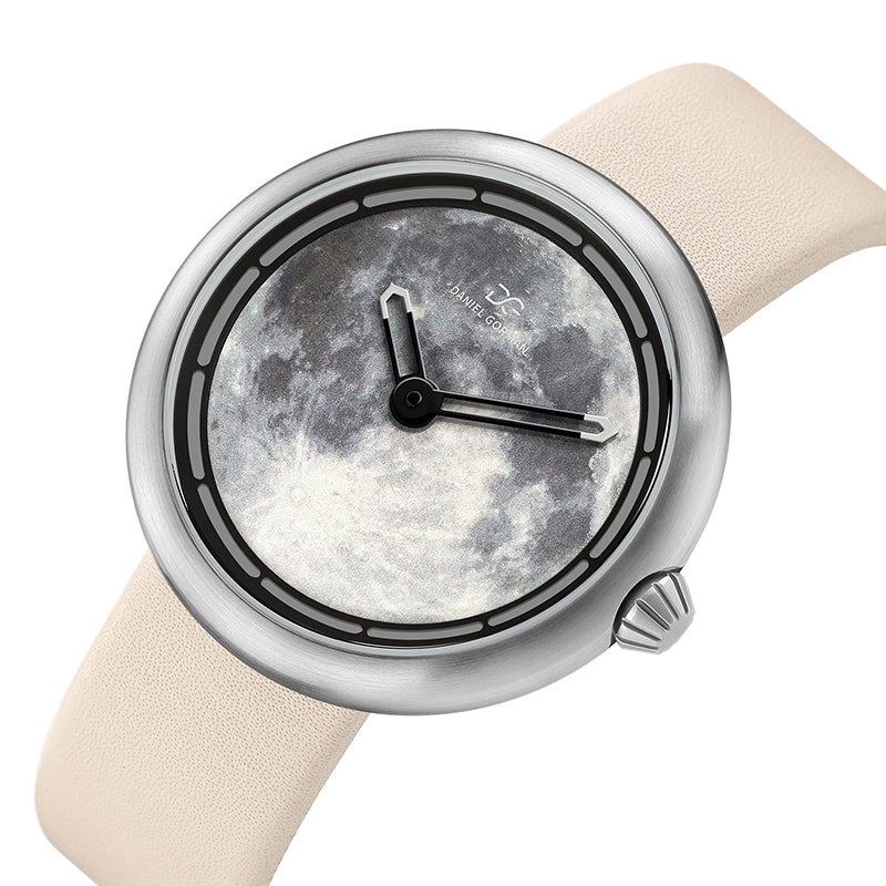 Daniel Gorman moon white retro-futuristic cow leather strap watch front view featuring sci-fi inspired design and precision craftsmanship.