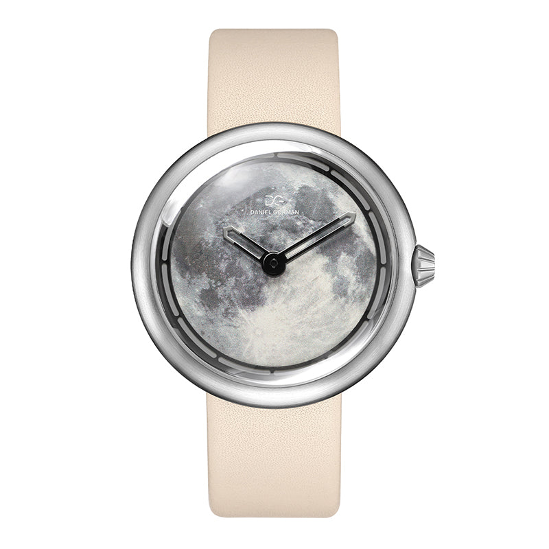Daniel Gorman moon white retro-futuristic cow leather strap watch front view featuring sci-fi inspired design and precision craftsmanship.