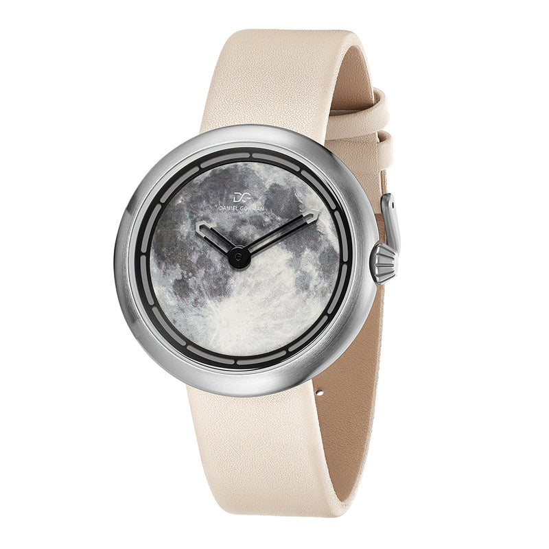 Daniel Gorman moon white retro-futuristic cow leather strap watch front view featuring sci-fi inspired design and precision craftsmanship.