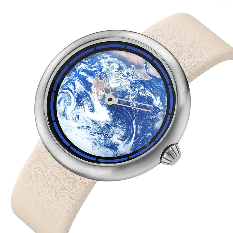 Daniel Gorman Earth white retro-futuristic cow leather strap watch front view featuring sci-fi inspired design and precision craftsmanship.