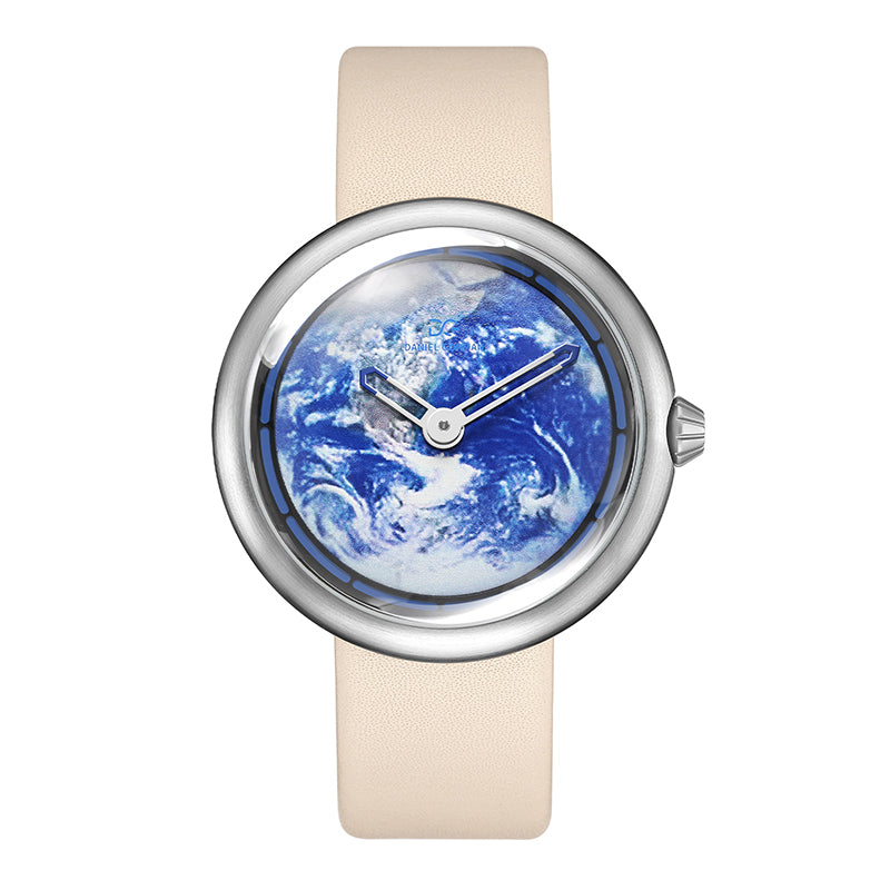 Daniel Gorman Earth white retro-futuristic cow leather strap watch front view featuring sci-fi inspired design and precision craftsmanship.