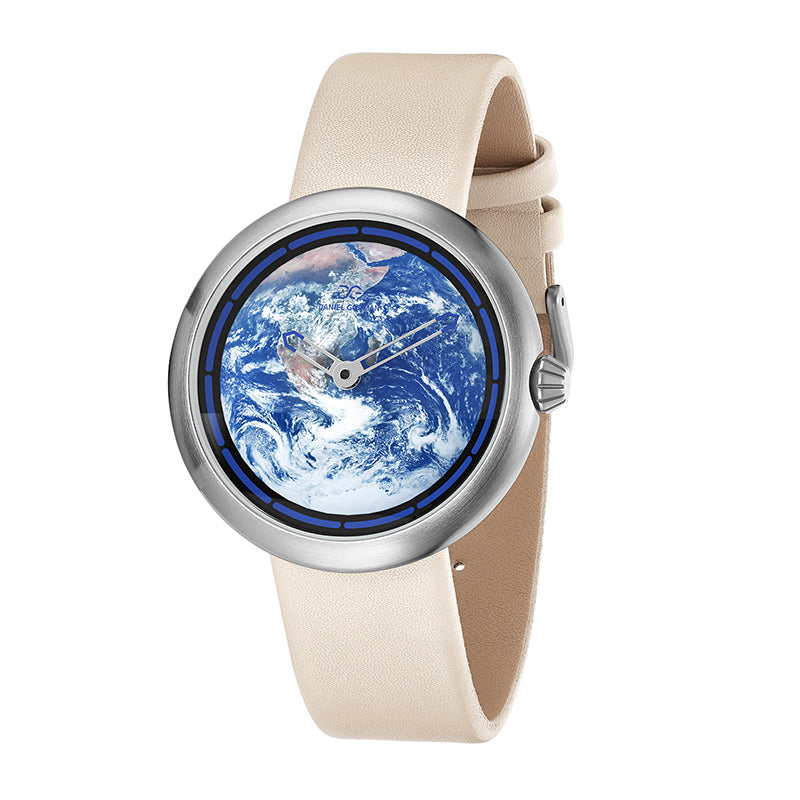 Daniel Gorman Earth white retro-futuristic cow leather strap watch front view featuring sci-fi inspired design and precision craftsmanship.