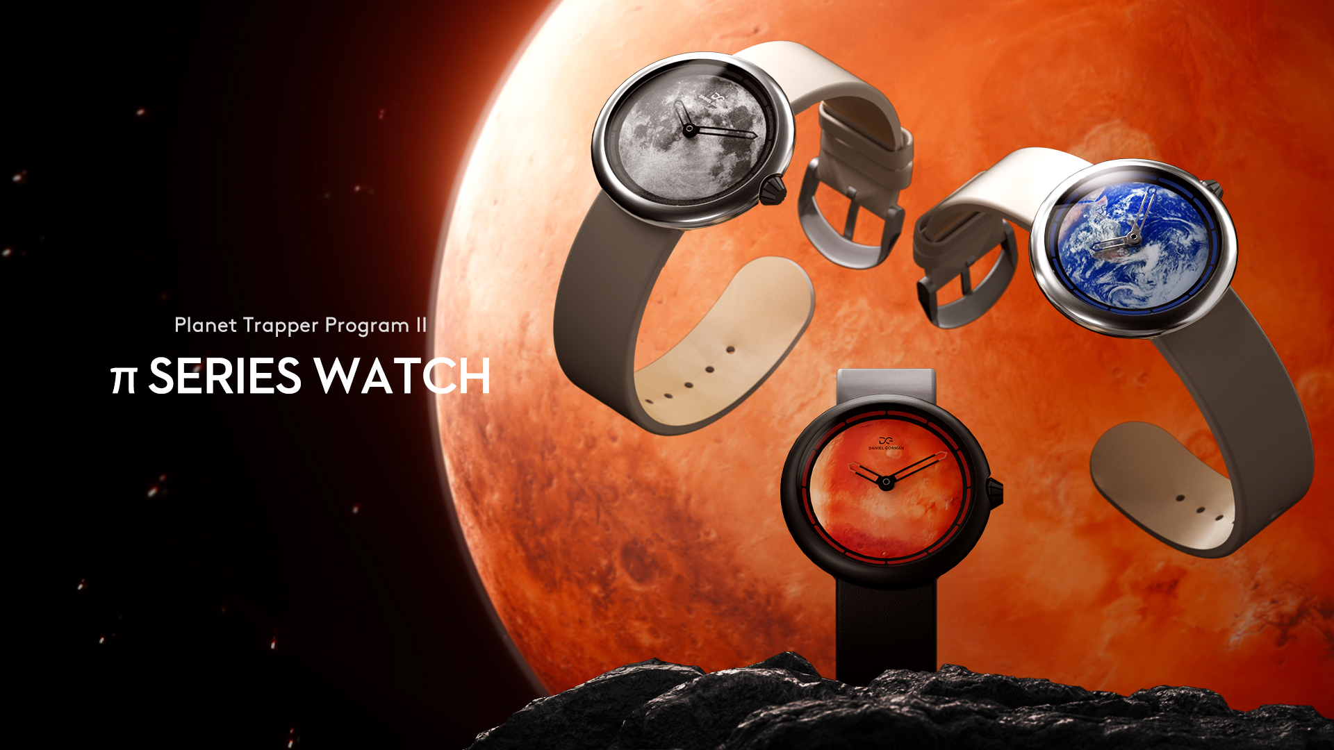 Homepage banner view showcasing Daniel Gorman retro-futuristic watch collection featuring multiple signature timepieces with sci-fi inspired modern design.