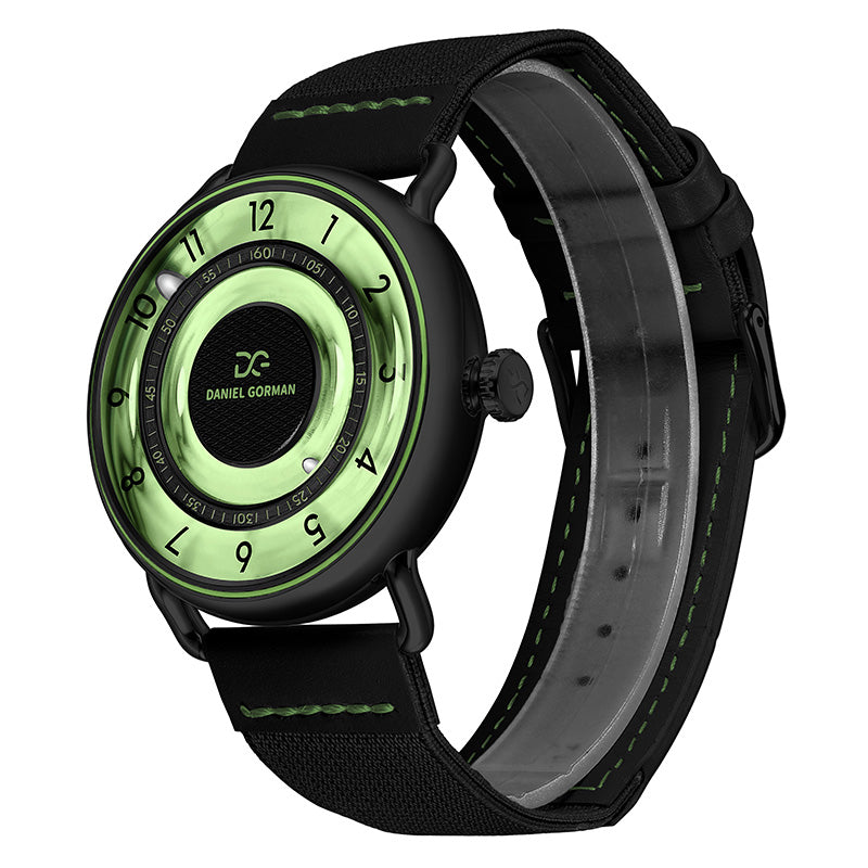 Side profile of Daniel Gorman Quartz Gravity watch highlighting its modern case design and industrial aesthetic.