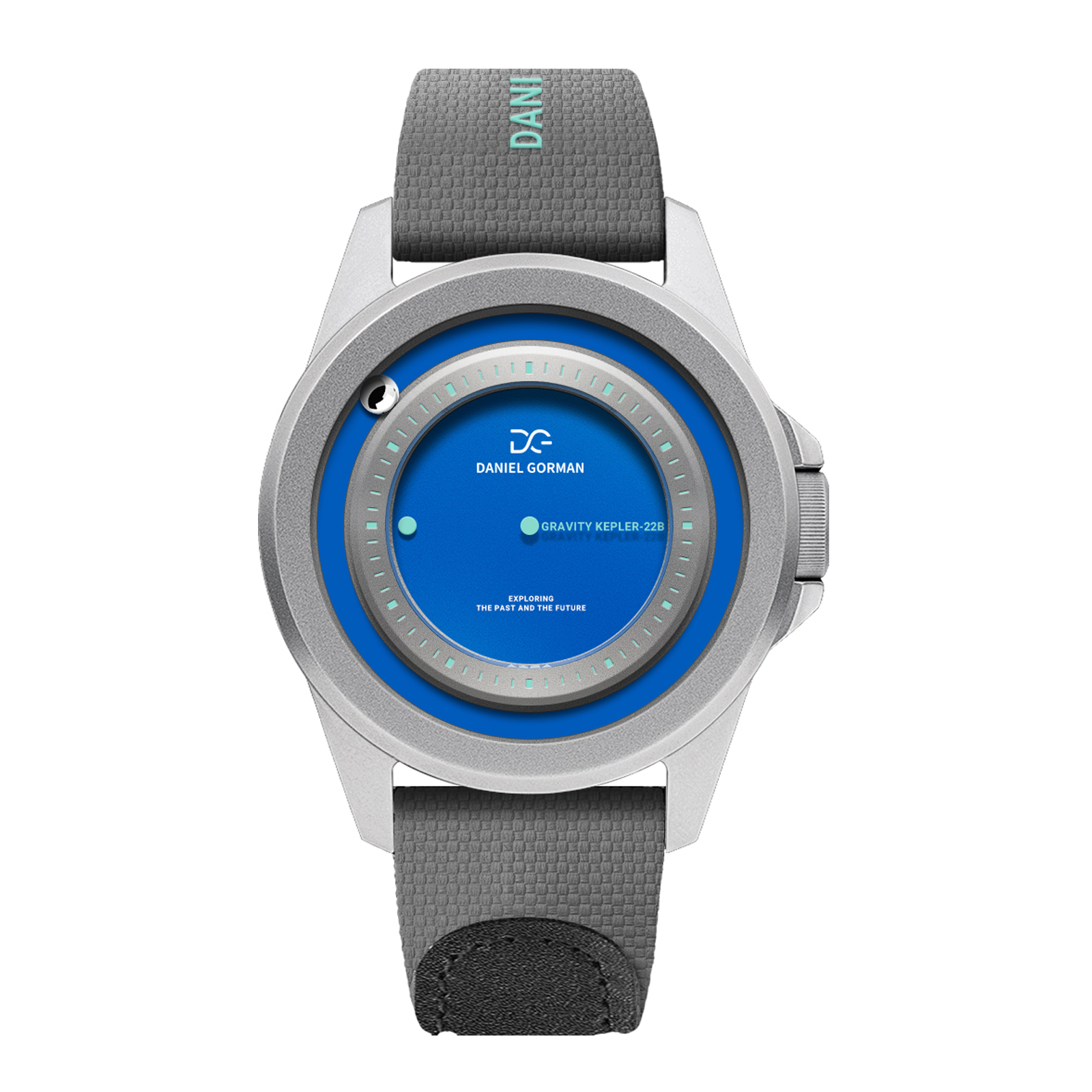 Daniel Gorman Gravity Series KEPLER-22B.001 quartz watch featuring a blue luminous dial and gray nylon strap, front view.
