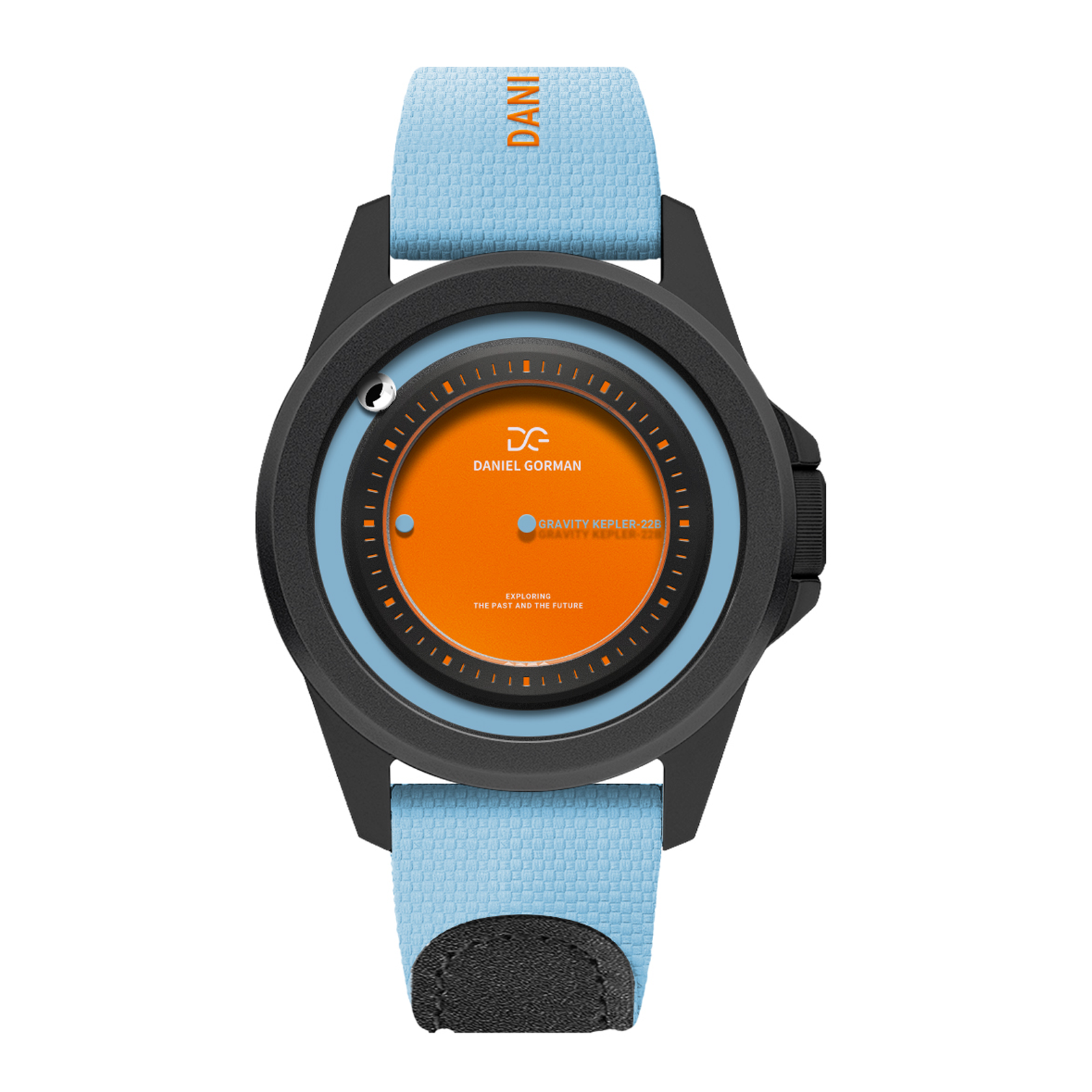 Daniel Gorman Gravity Series KEPLER-22B.005 quartz watch featuring an orange luminous dial and blue nylon strap, front view.