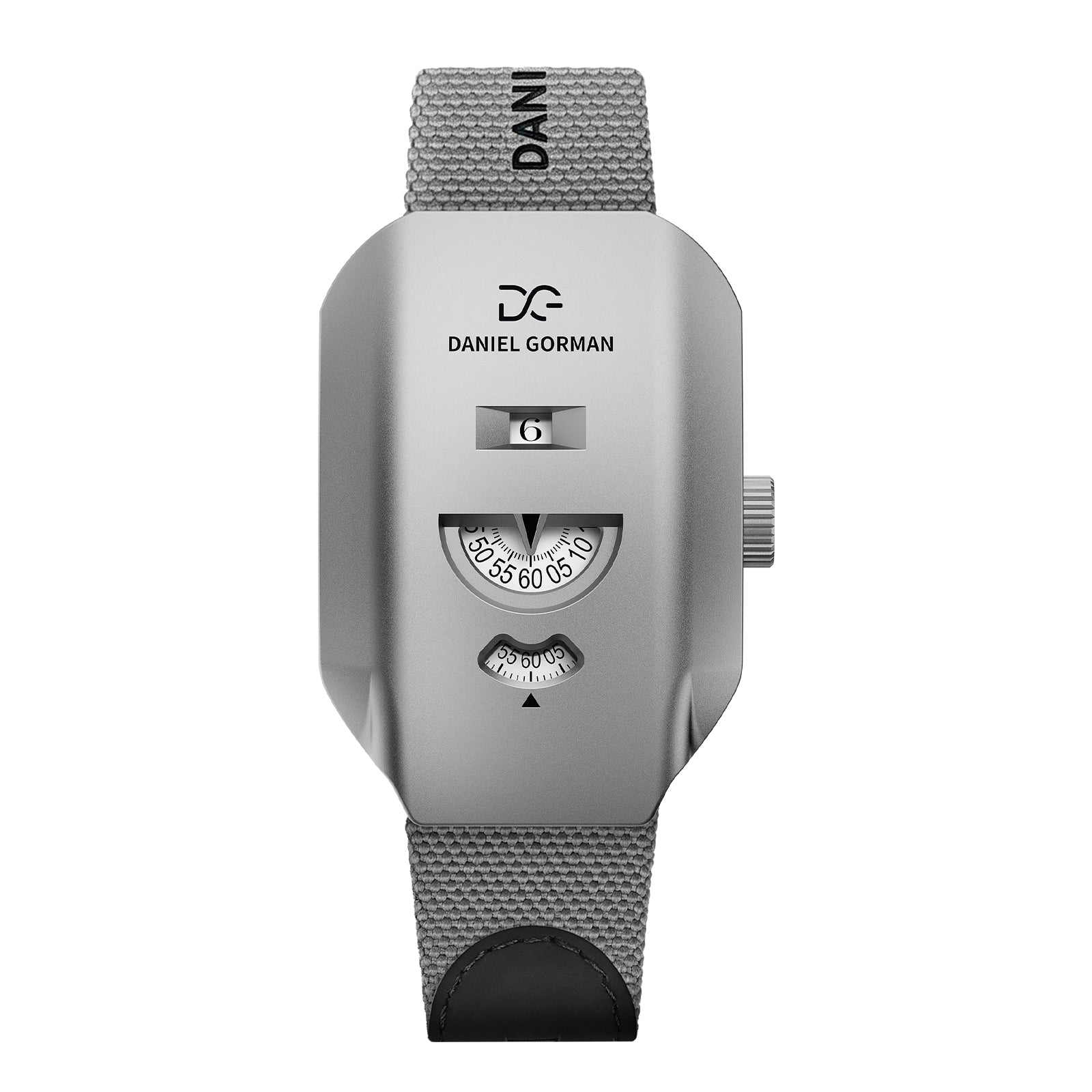Daniel Gorman Walkie-Talkies 001 mechanical watch featuring a silver dial and grey strap, front view.
