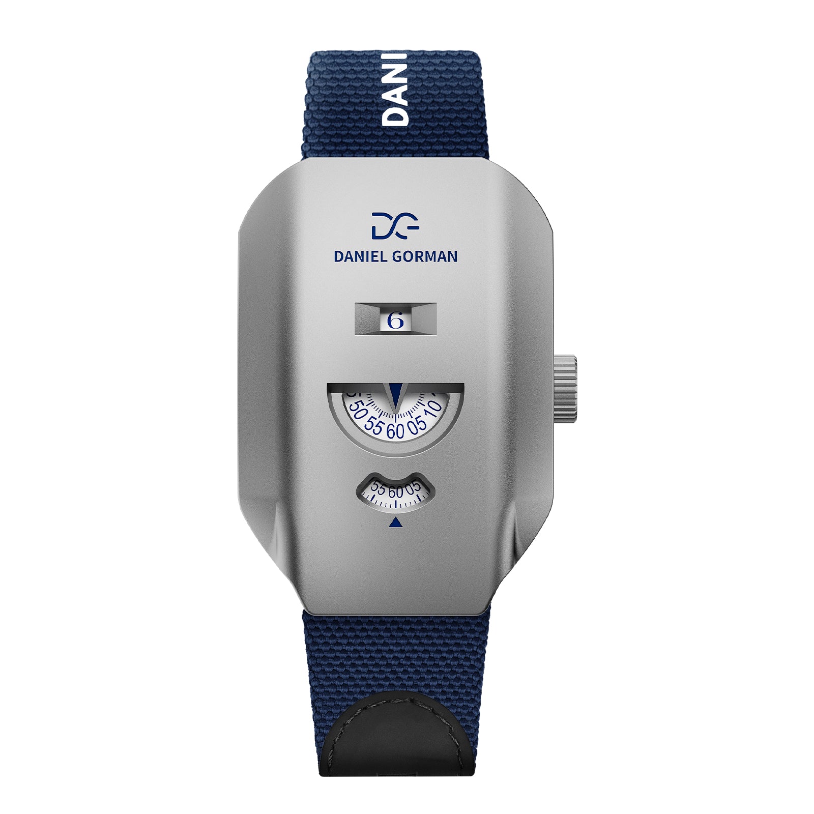 Daniel Gorman Walkie-Talkies 002 mechanical watch featuring a silver dial and blue strap, front view.